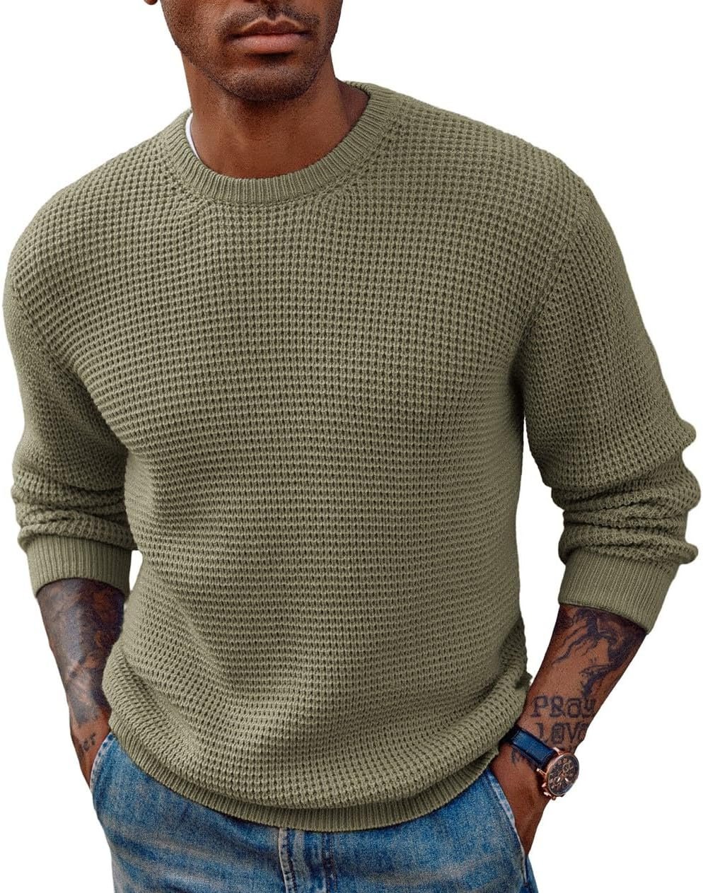 PJ PAUL JONES Mens Crewneck Pullover Sweater Waffle Textured Long Sleeve Knitted Sweaters - Image 2