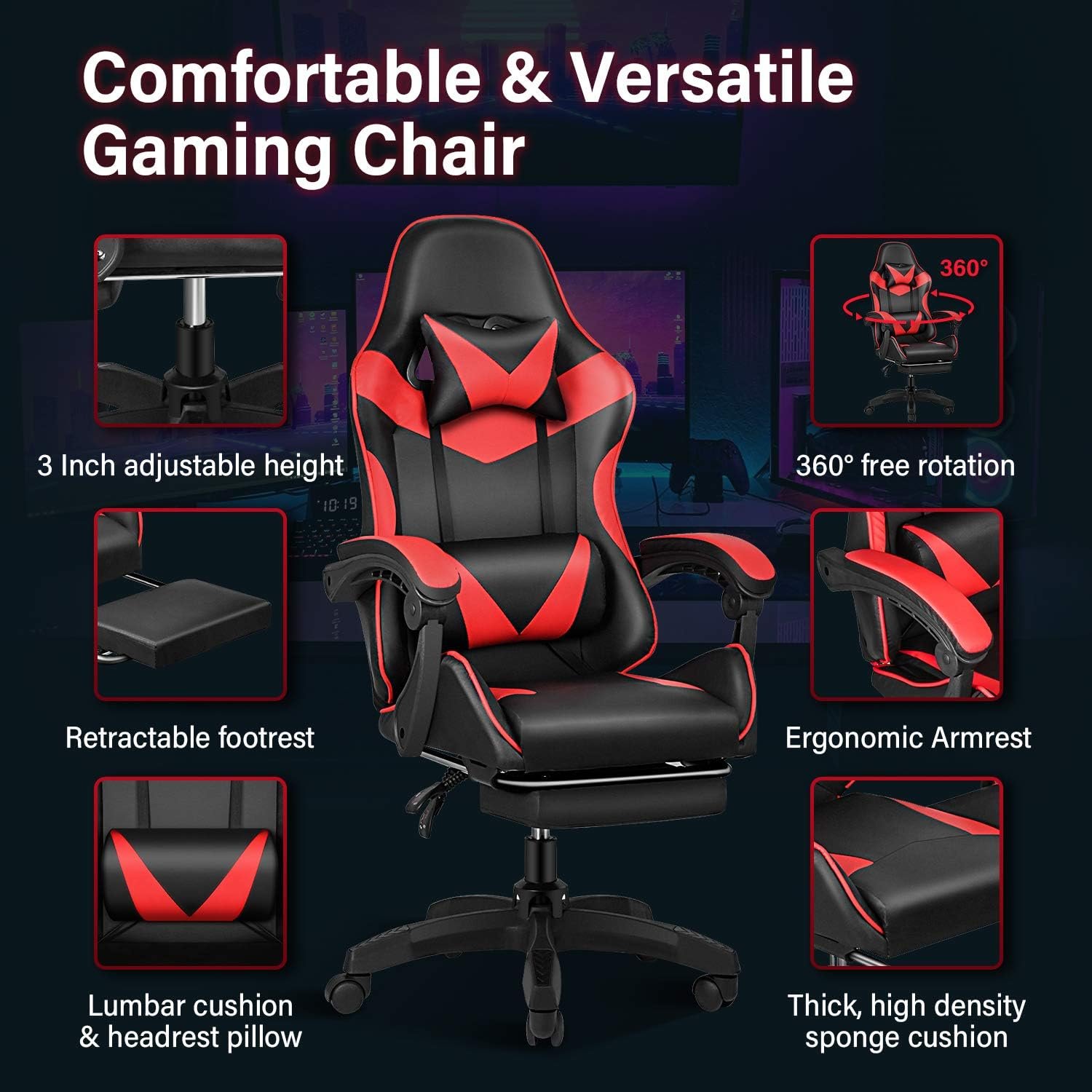 Gaming Chair, Backrest and Seat Height Adjustable Swivel Recliner Racing Office Computer Ergonomic Video Game Chair with Footrest and Lumbar Support, Red/Black - Image 7
