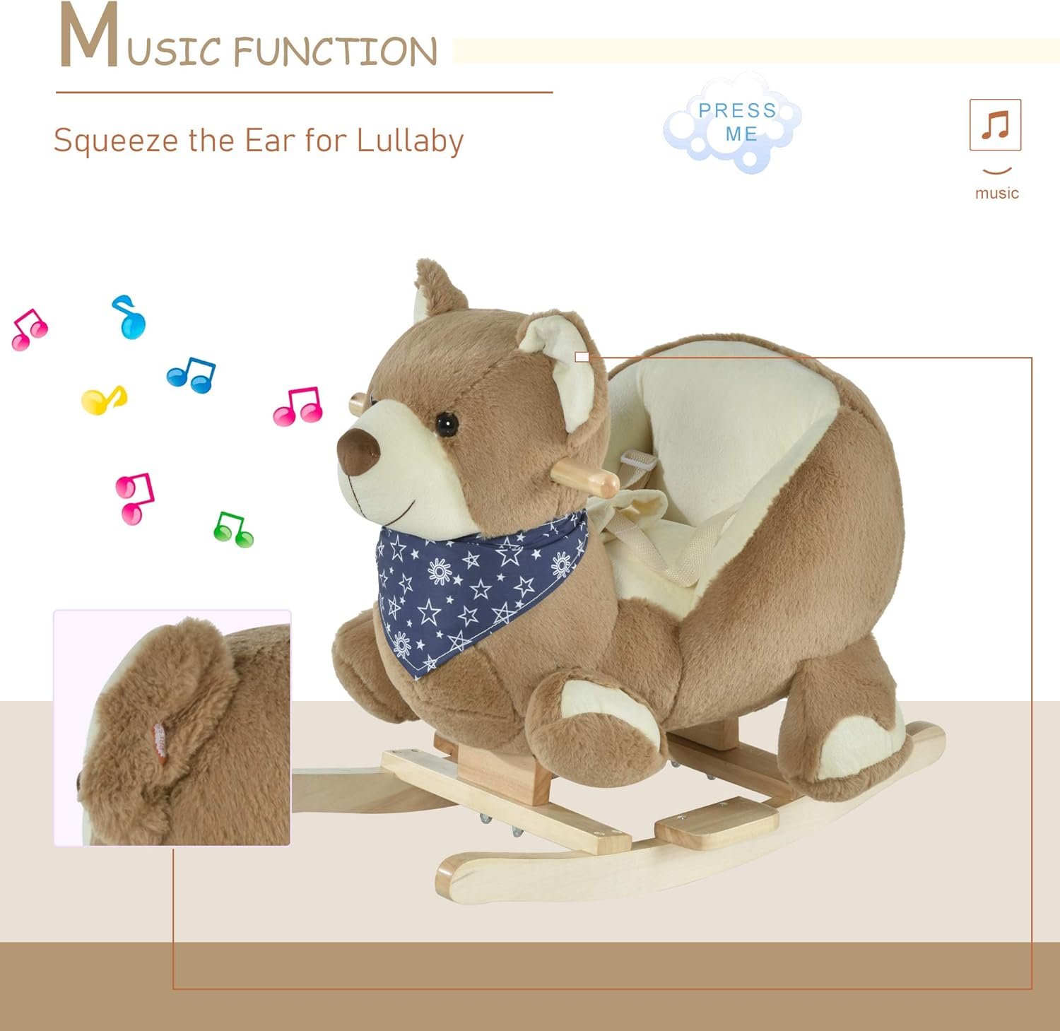 Qaba Baby Rocking Horse with Lullaby, Riding Horse, Bear Themed Plush Animal Rocker with Pedals for Ages 18-36 Months - Image 5