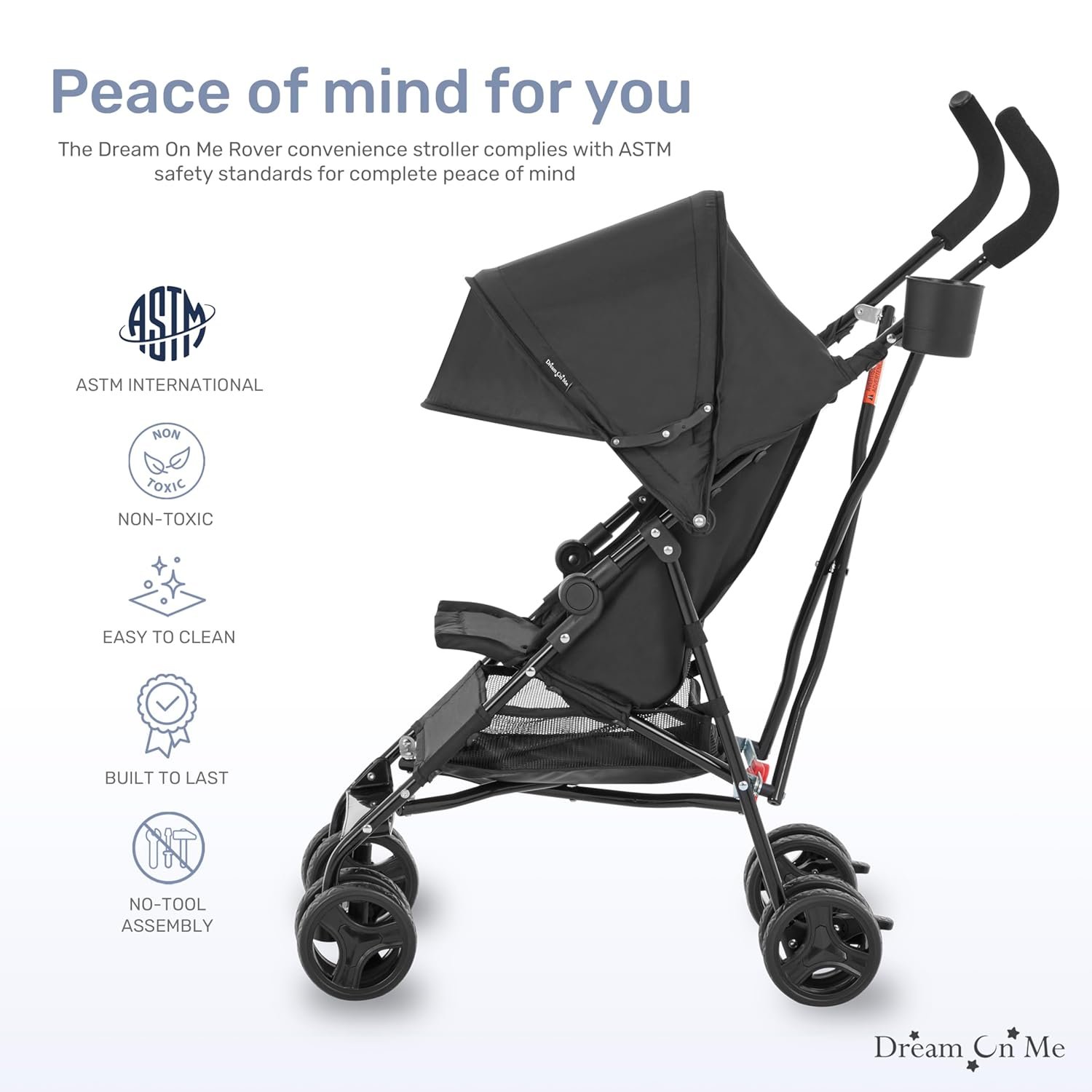 Dream On Me Rover Convenience Baby Stroller in Black, Lightweight & Compact Umbrella Stroller, Easy one-Hand fold Travel Stroller, Lockable Rear Wheels, Removable & Adjustable Canopy - Image 4