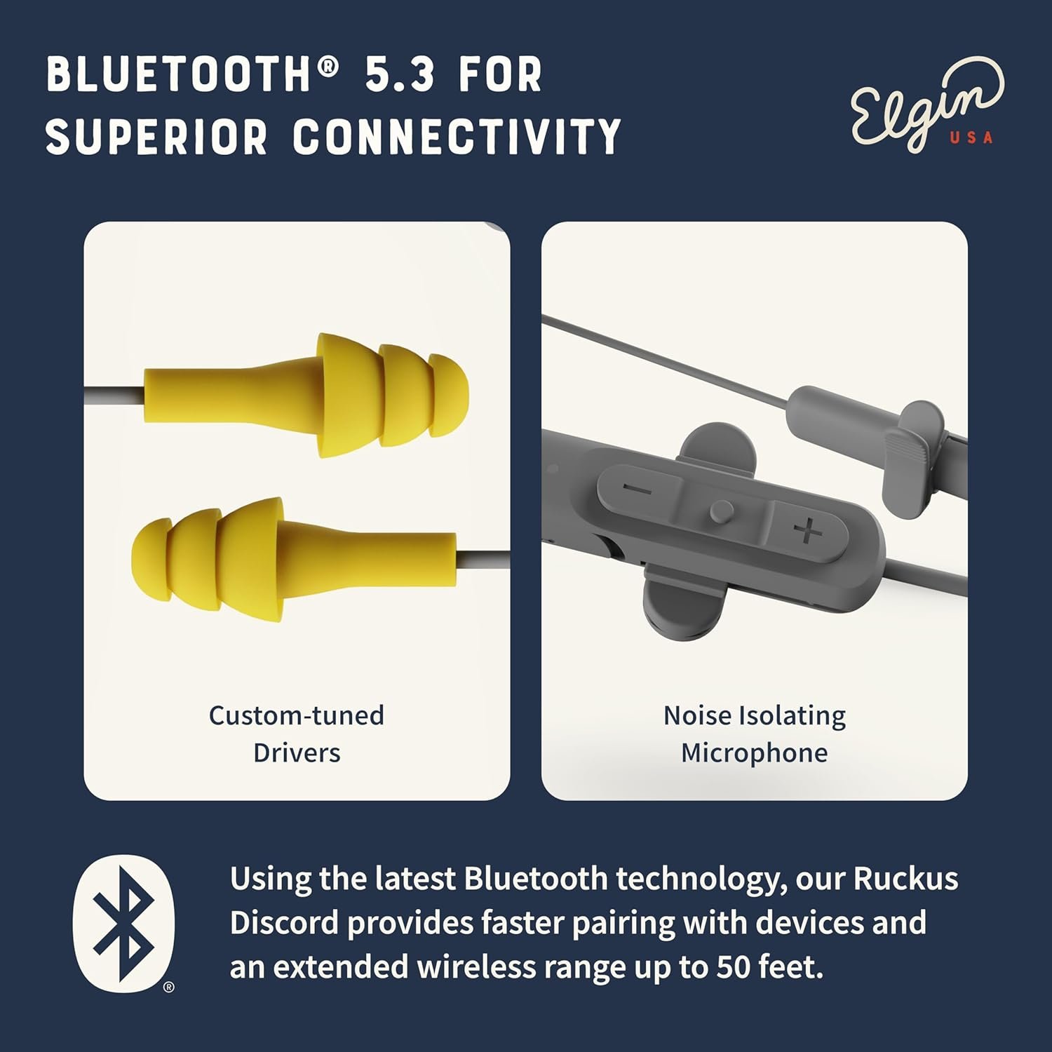 Elgin Ruckus Wireless Bluetooth Earplug Headphones, 25 dB NRR, Noise Canceling Mic, 12-Hour Battery, IP65 Sweatproof, Compliant with OSHA Hearing Safety Standards - Image 7