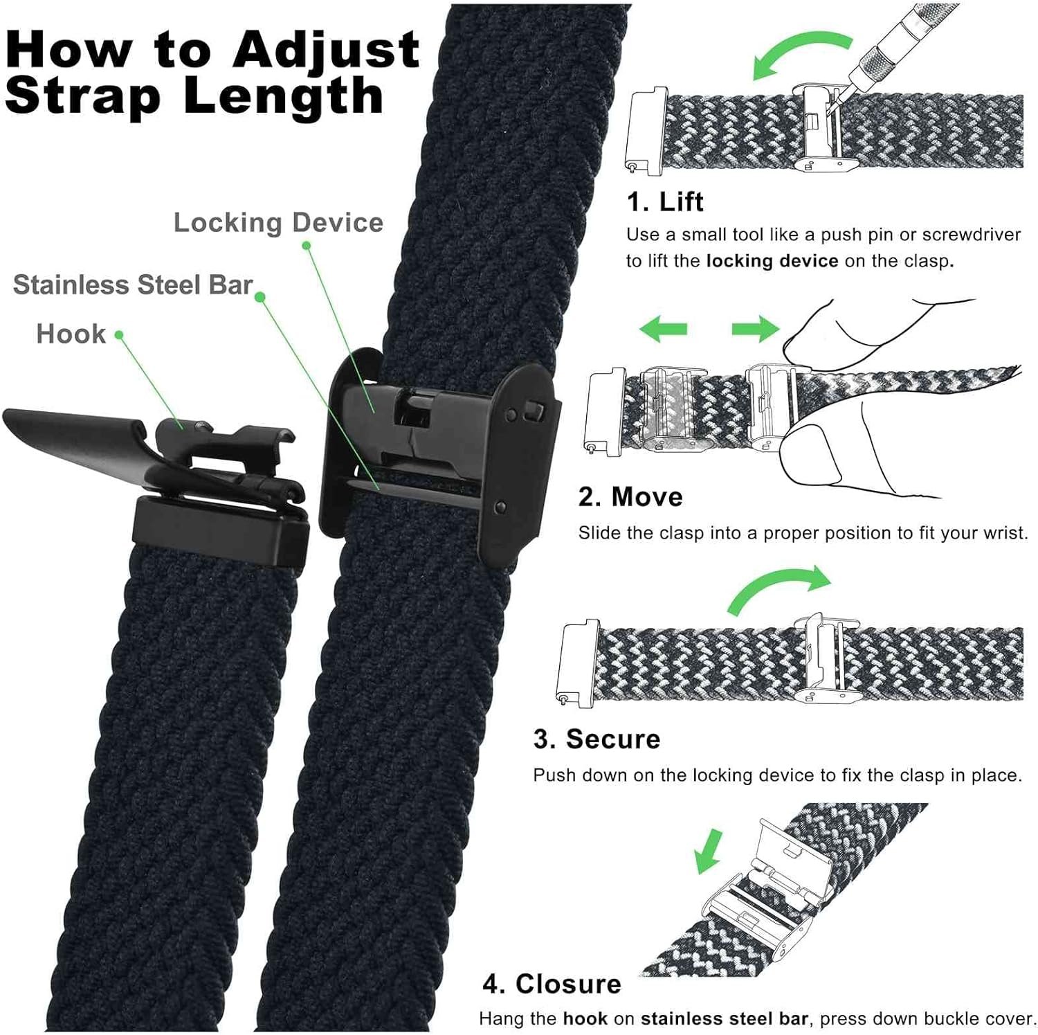 WOCCI 22mm Braided Nylon Watch Band for Men and Women, Quick Release, Black Stainless Steel Buckle (Black) - Image 6
