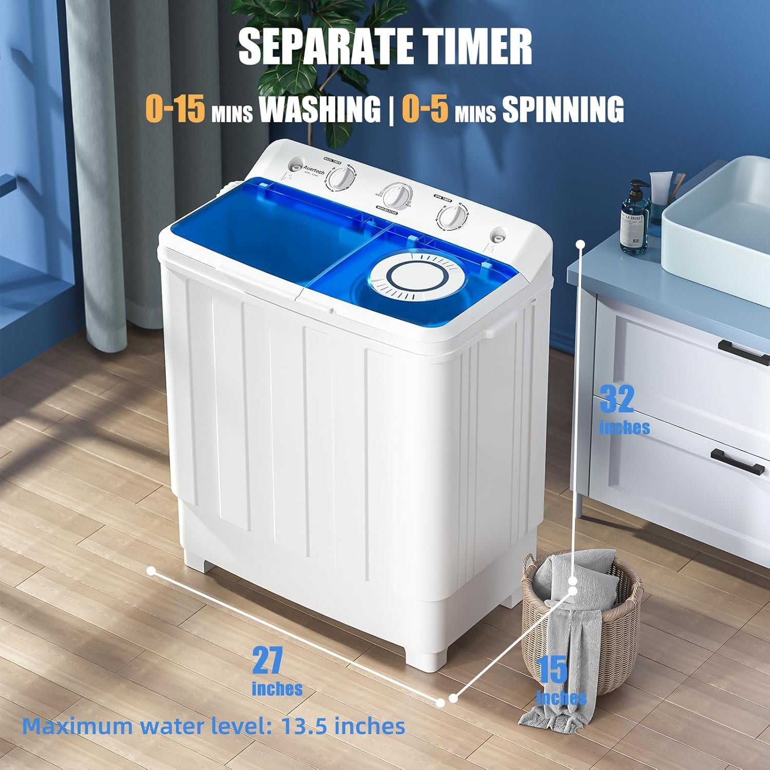 Auertech Portable Washing Machine, 28lbs Twin Tub Washer Mini Compact Laundry Machine with Drain Pump, Semi-automatic 18lbs Washer 10lbs Spinner Combo for Dorms, Apartments, RVs - Image 3