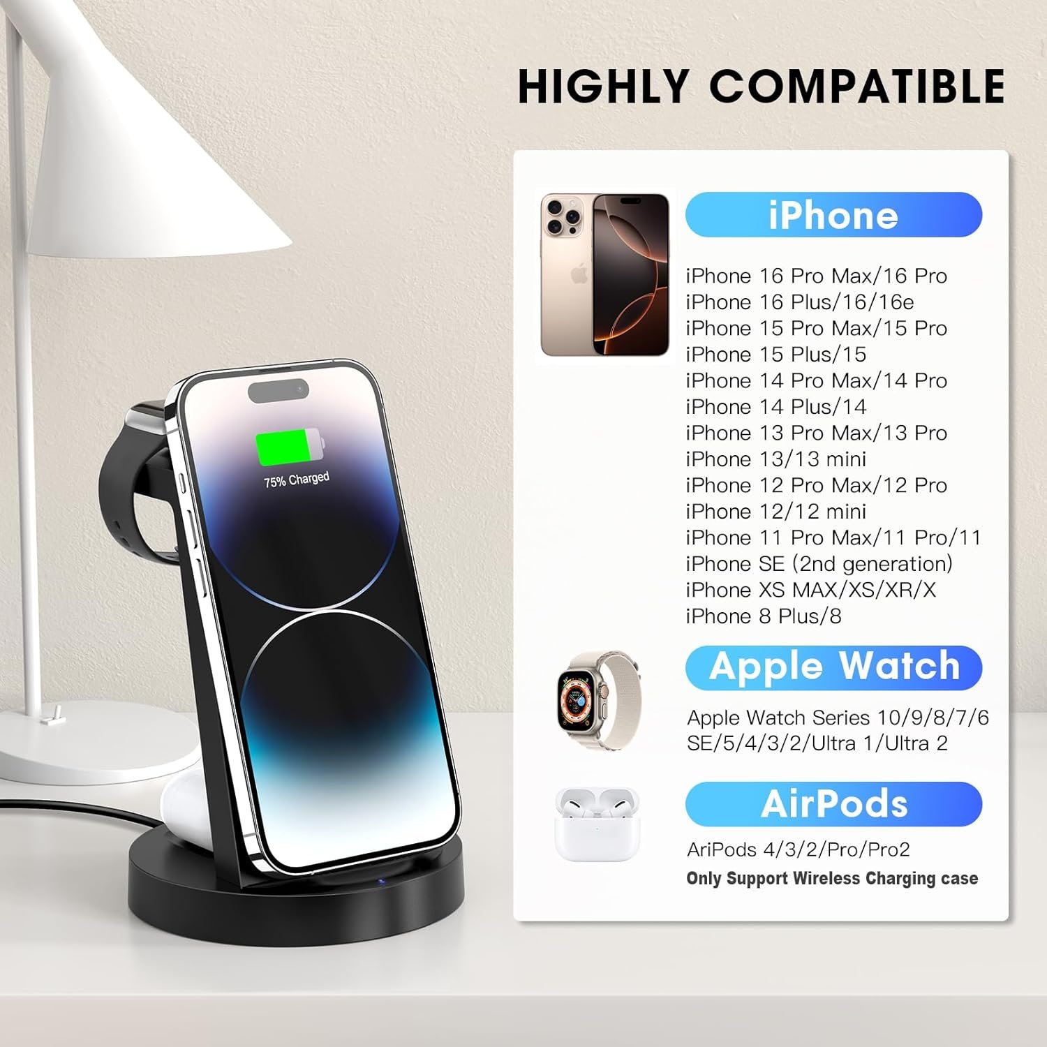 3 in 1 Charging Station for iPhone, Wireless Charger for iPhone 16e 16 15 14 13 12 11 X Pro Max & Apple Watch - Wireless Charging Station for AirPods 4 3 Pro - Image 5