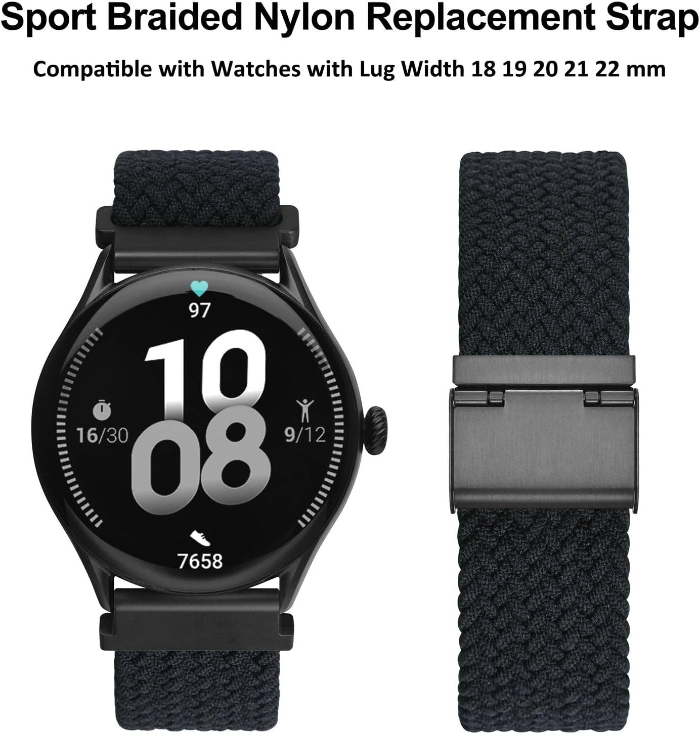 WOCCI 22mm Braided Nylon Watch Band for Men and Women, Quick Release, Black Stainless Steel Buckle (Black) - Image 10