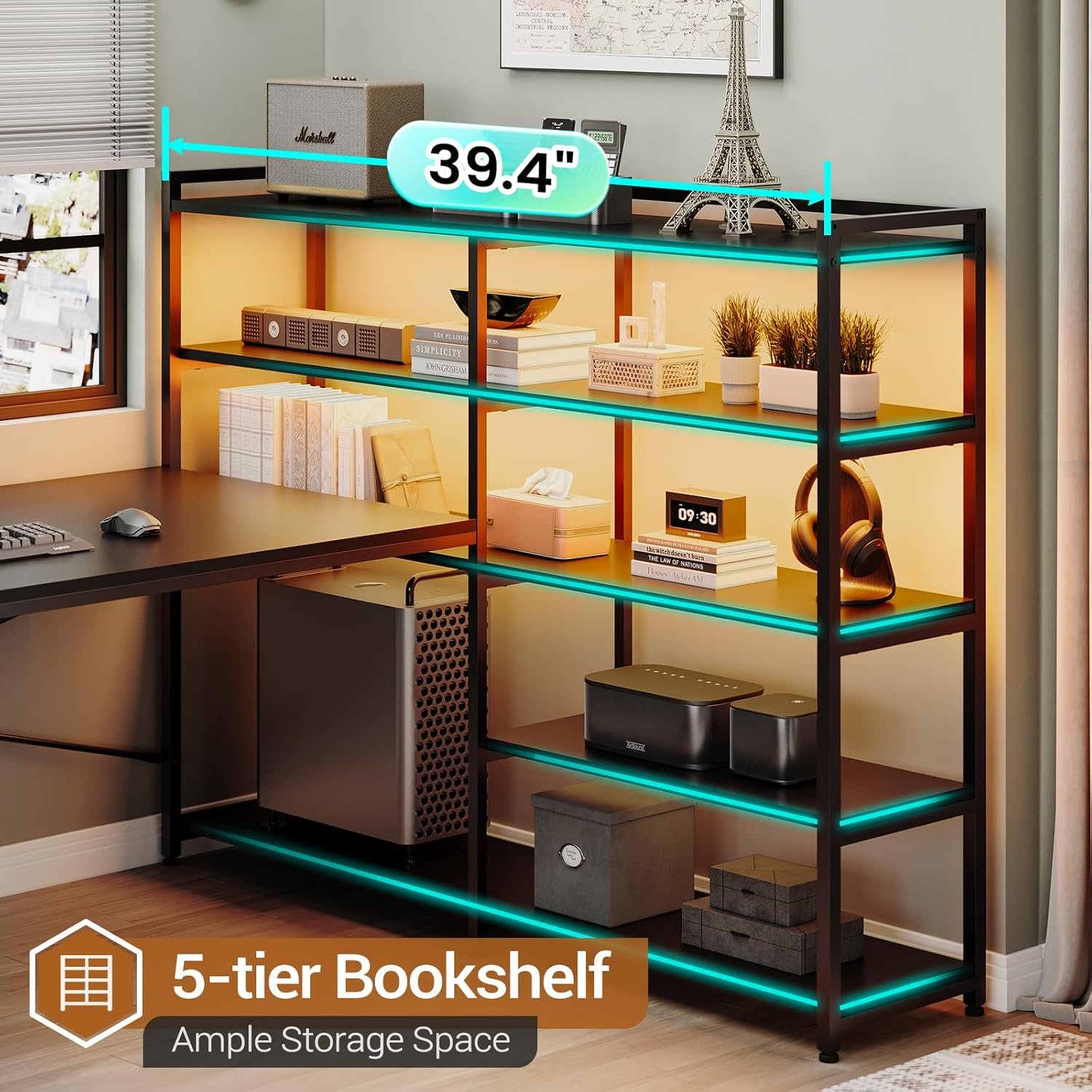 SEDETA L Shaped Gaming Desk, Reversible U Shaped Computer Desk with Power Outlet and Storage Shelves, Corner Gaming Desk with LED Lights, 3 Fabric Drawers, Black - Image 8