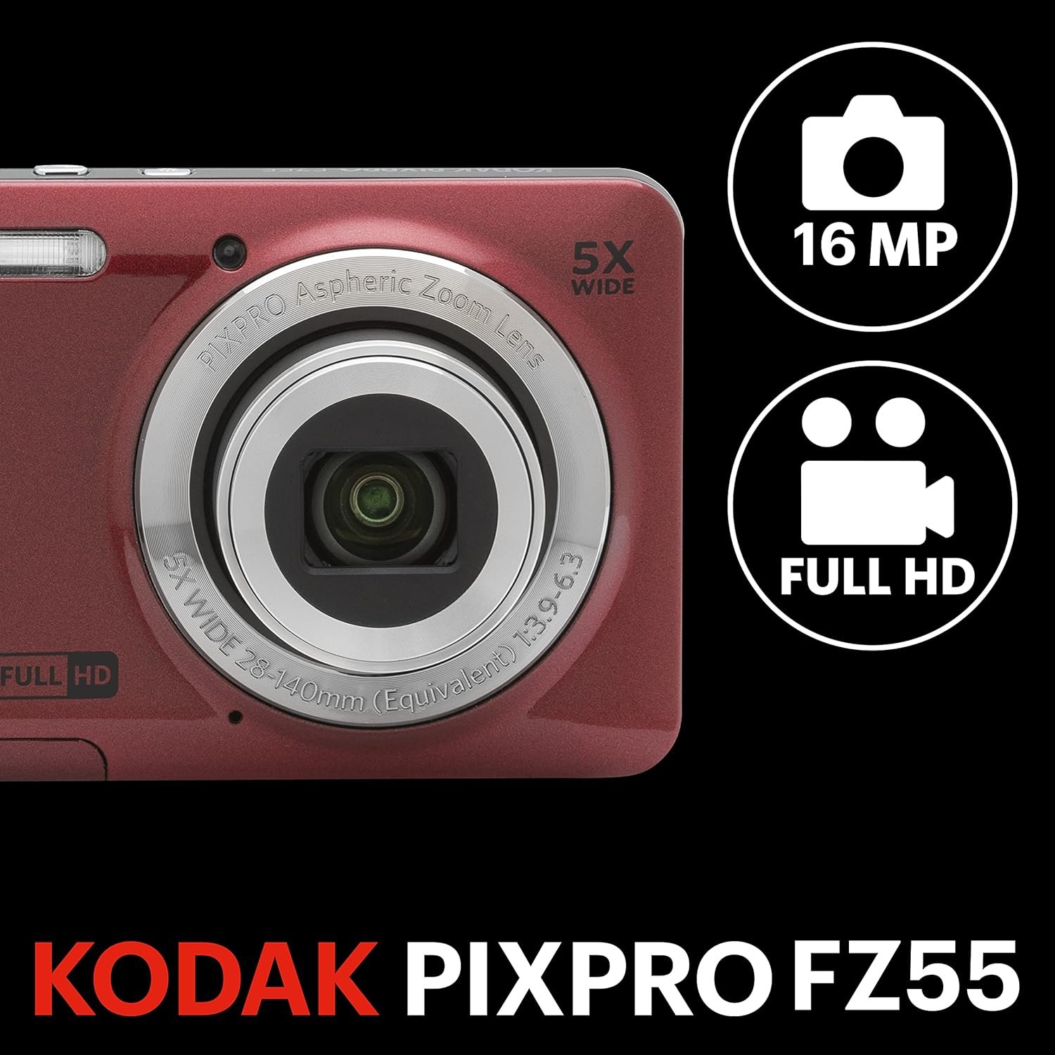 KODAK PIXPRO FZ55-RD 16MP Digital Camera 5X Optical Zoom 28mm Wide Angle 1080P Full HD Video 2.7" LCD Vlogging Camera (Red) Packaging May Vary - Image 3
