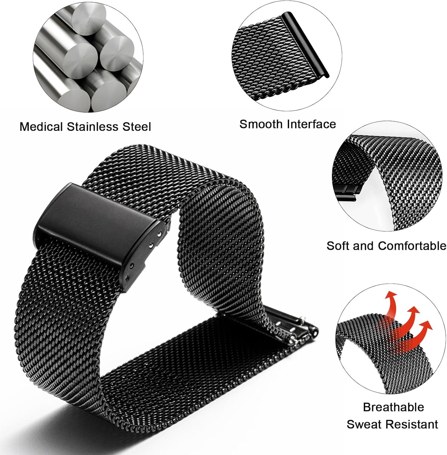 TStrap Mesh Watch Band Metal - Black Quick Release Watch Bands for Men Women - Stainless Steel Smart Watches Strap Bracelet Replacement - 10mm 12mm 14mm 16mm 18mm 20mm 22mm - Image 5