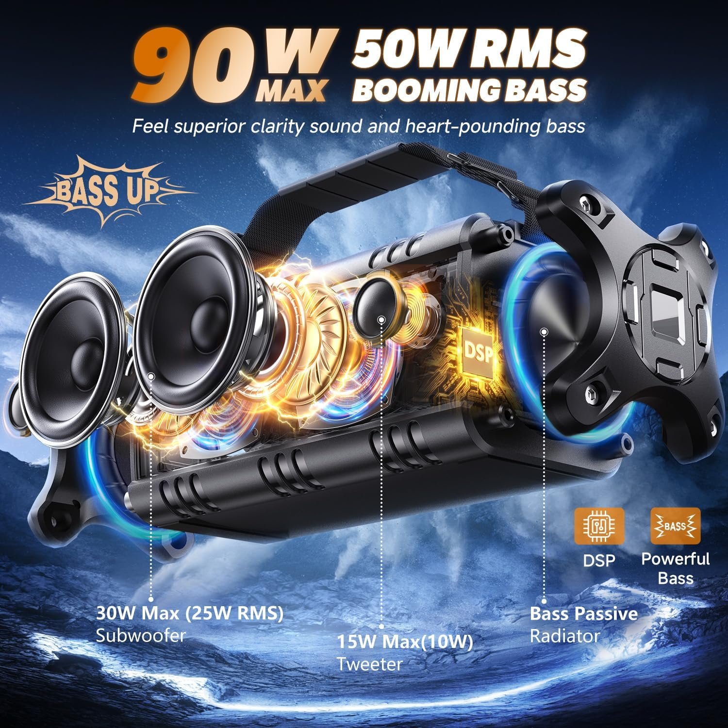 W-KING Bluetooth Speaker, 90W Max Loud Portable Speakers Bluetooth Wireless, IPX6 Waterproof Outdoor Speaker with 50W Deep Bass/2 Powerful Subwoofer/40H/Power Bank/EQ/TF/AUX/NFC for Pool/Party/Travel - Image 2