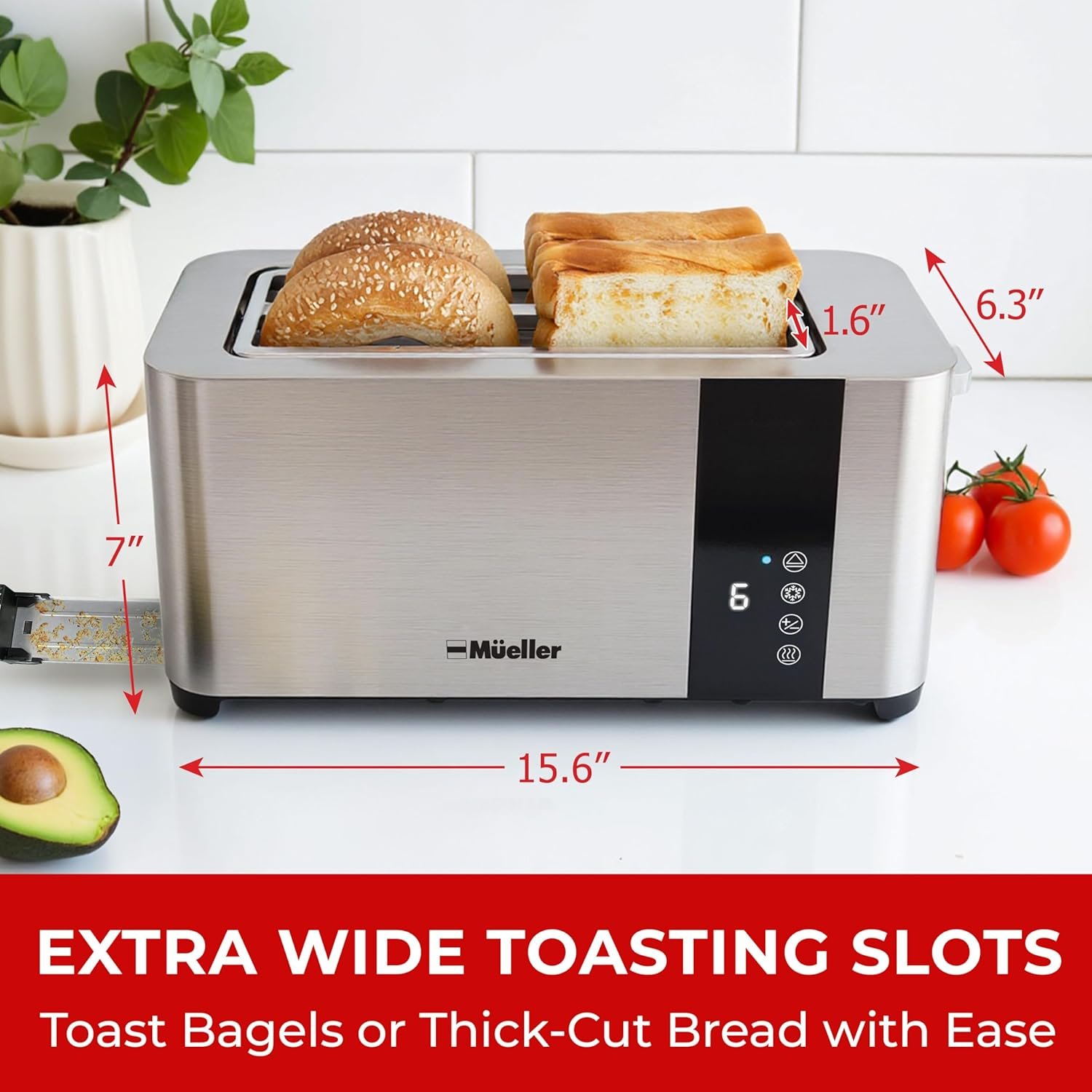 Mueller UltraToast Full Stainless Steel Toaster 4 Slice, Long Extra-Wide Slots for Bagels and Waffles, 6 Browning Levels, LED Display, Cancel/Defrost/Reheat Functions & Removable Tray, Kitchen Gadgets - Image 3