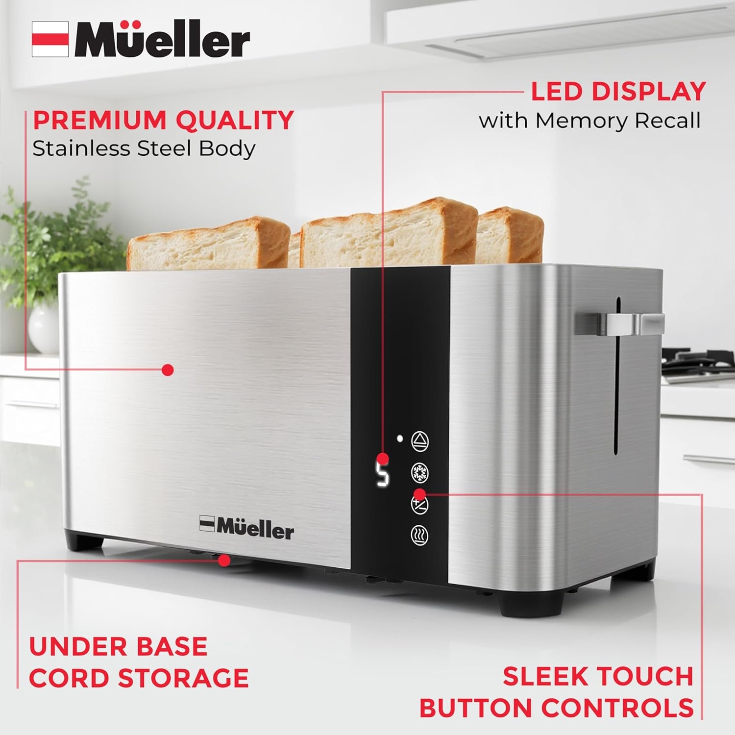 Mueller UltraToast Full Stainless Steel Toaster 4 Slice, Long Extra-Wide Slots for Bagels and Waffles, 6 Browning Levels, LED Display, Cancel/Defrost/Reheat Functions & Removable Tray, Kitchen Gadgets - Image 6