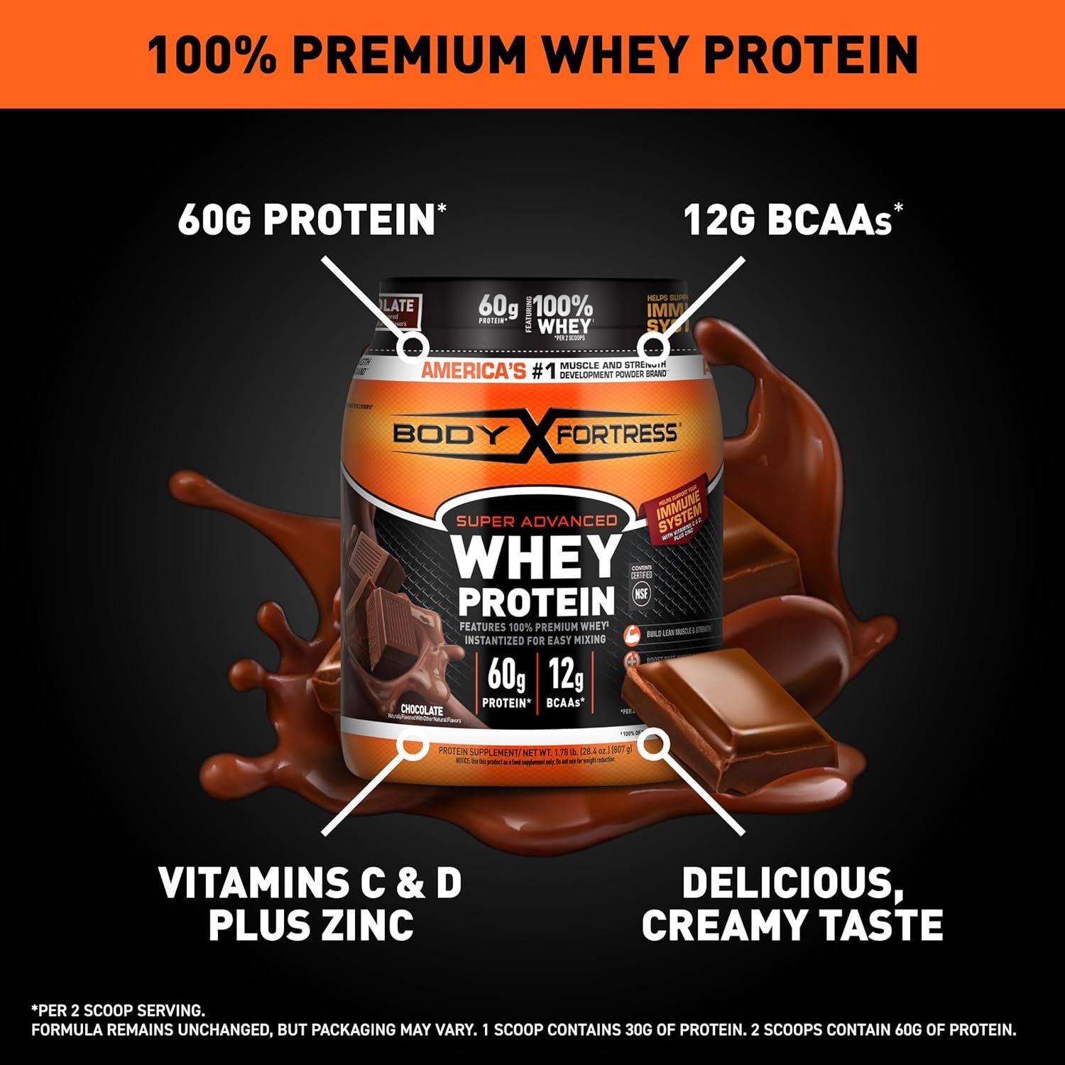 Body Fortress 100% Whey, Premium Protein Powder, Chocolate, 1.78lbs - Image 3