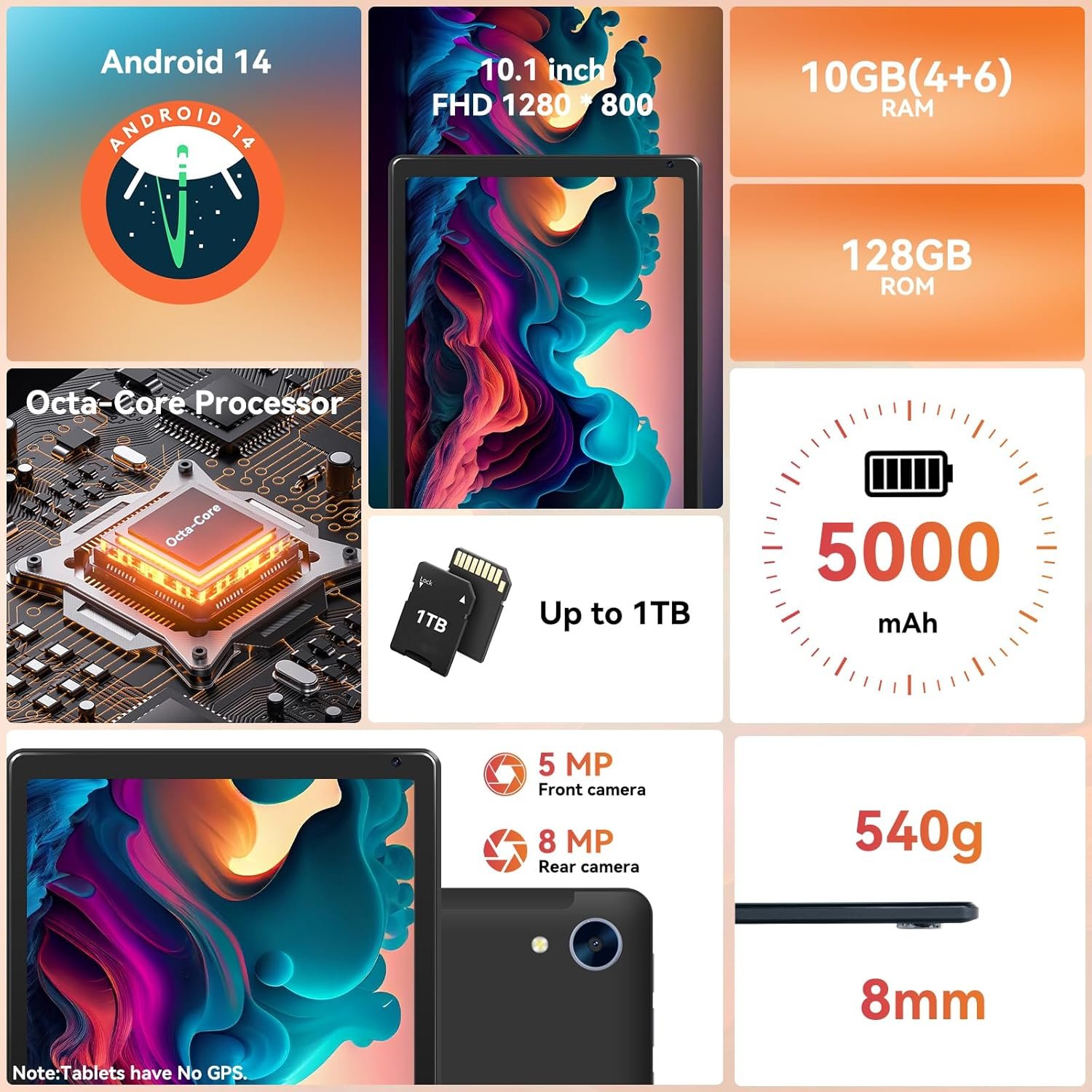 Tablet,10.1" Android Tablet with Octa-core Processor 10GB RAM 128GB ROM HD IPS Touchscreen 8H Battery, Wi-Fi 6, BT 5.0, Dual Camera, Google Tablets 2025 - Image 3