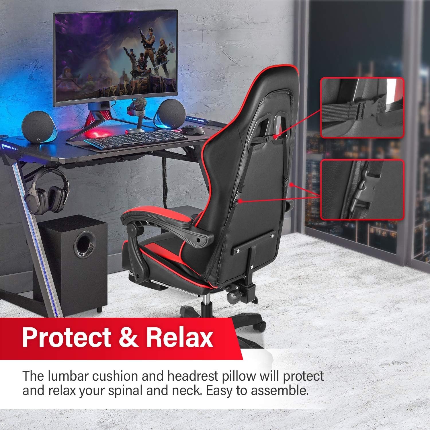 Gaming Chair, Backrest and Seat Height Adjustable Swivel Recliner Racing Office Computer Ergonomic Video Game Chair with Footrest and Lumbar Support, Red/Black - Image 8