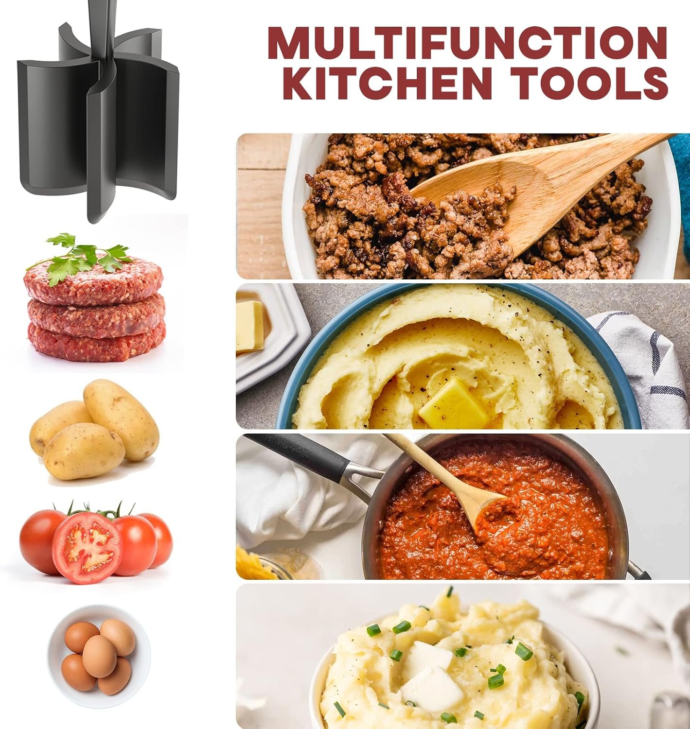 Meat Chopper, Hamburger Grinder, Premium Heat Resistant Smasher for Ground Beef, Burger Grinder Nylon Potato Mix Tool-Black - Image 4