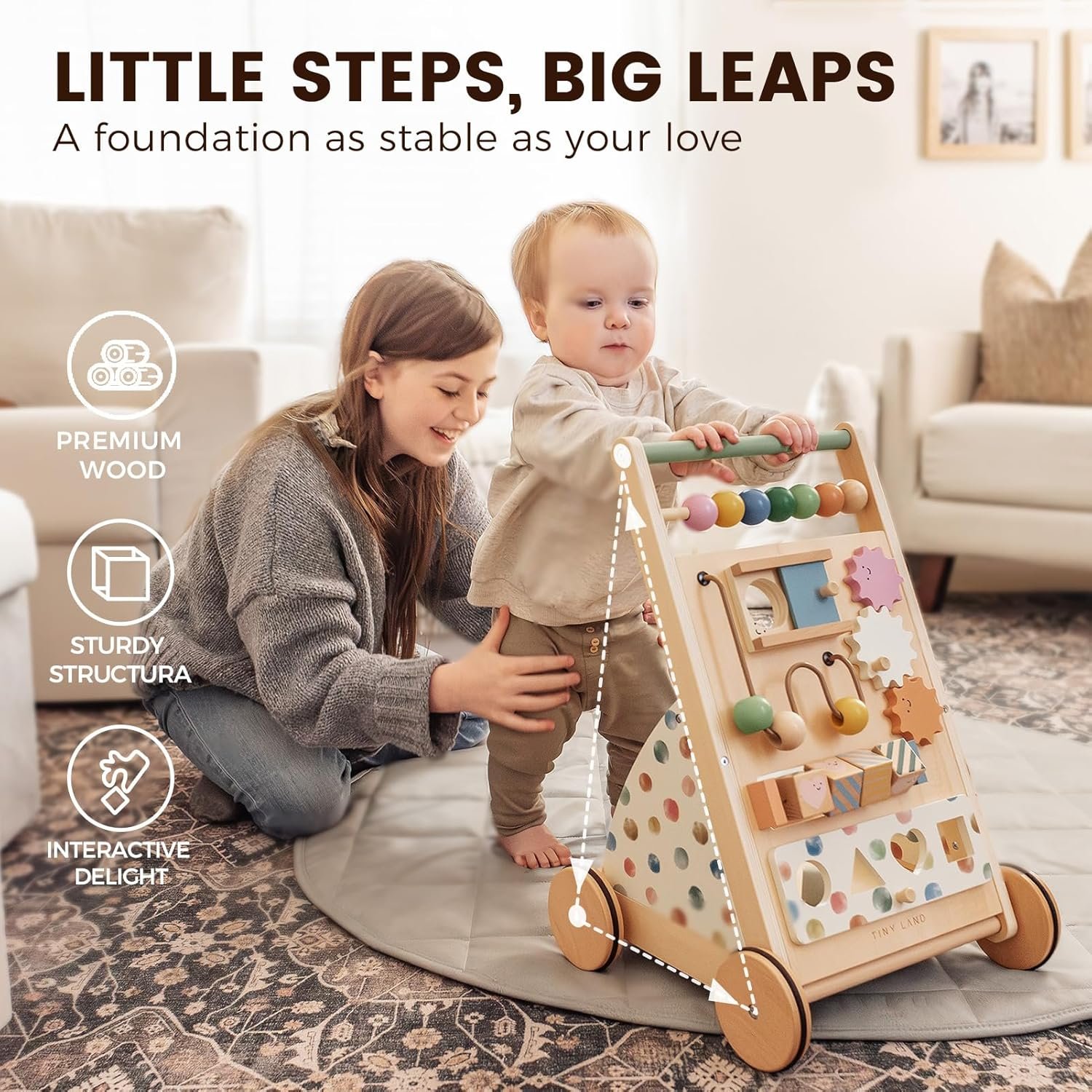 Tiny Land Wooden Baby Walker, Baby Push Walker, Montessori Walker Toy, Adjustable Speed Baby Walker for Boys and Girls, Baby Activity Center, Push Toys for Kids Development - Image 3