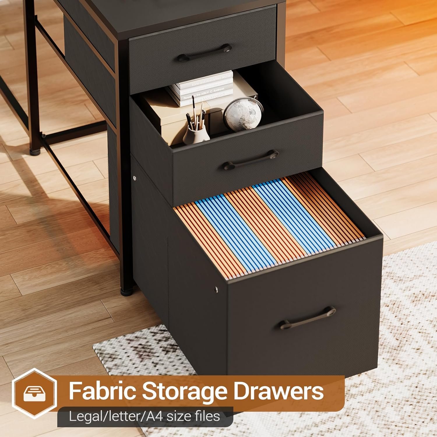 SEDETA L Shaped Gaming Desk, Reversible U Shaped Computer Desk with Power Outlet and Storage Shelves, Corner Gaming Desk with LED Lights, 3 Fabric Drawers, Black - Image 7