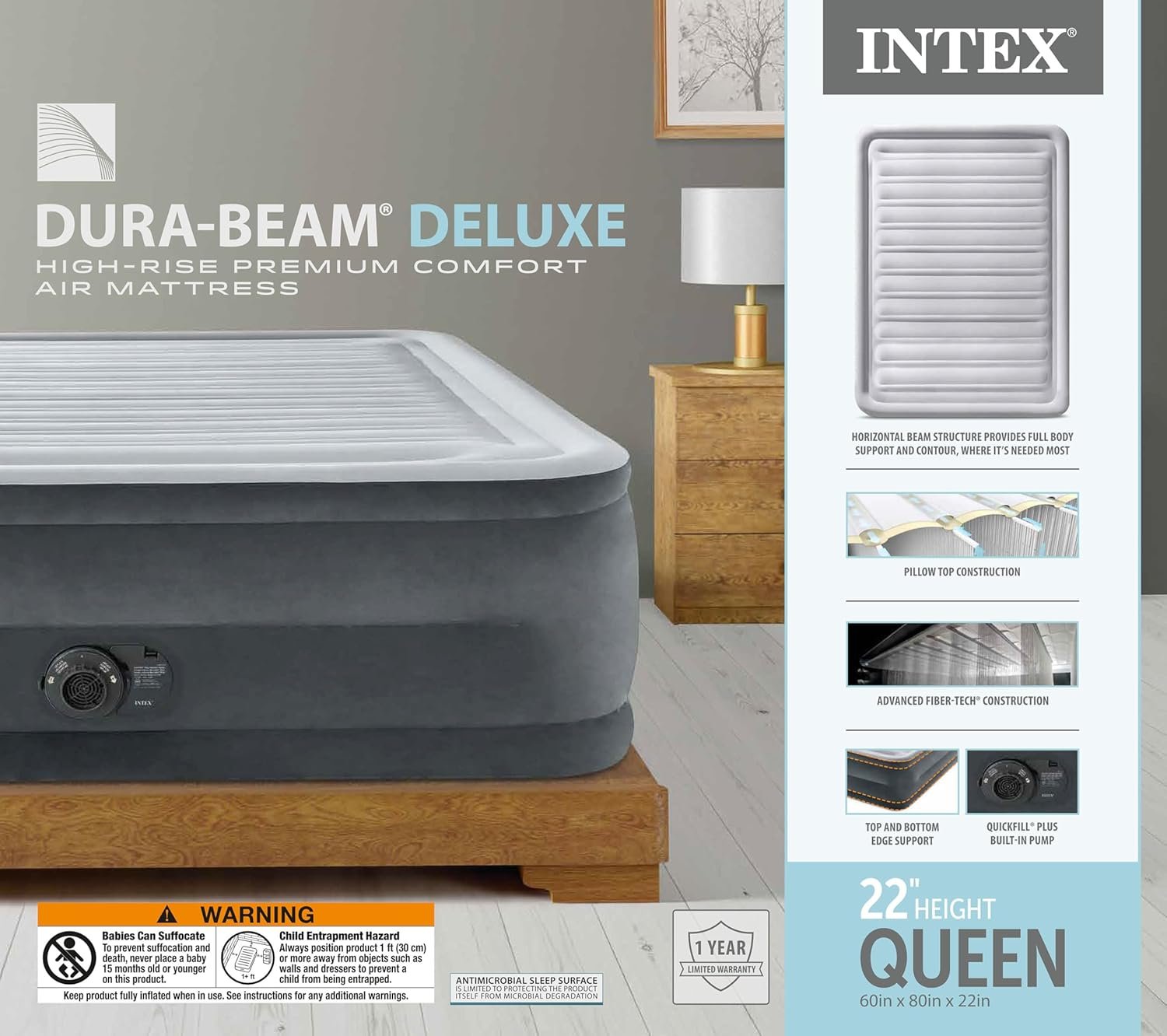Intex 64417ED 22in Queen Dura-Beam Comfort Plush High-Rise Inflatable Air Mattress with Built in Pump for Travel and Camping, 600lb Weight Capacity - Image 4