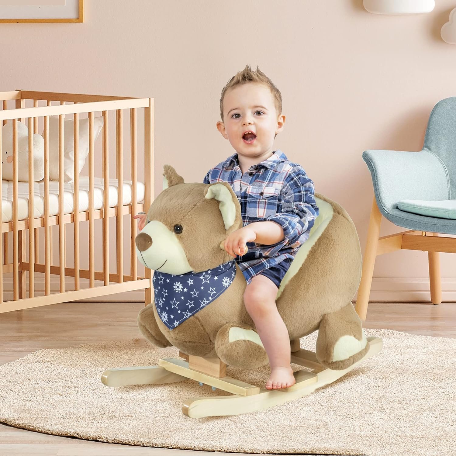 Qaba Baby Rocking Horse with Lullaby, Riding Horse, Bear Themed Plush Animal Rocker with Pedals for Ages 18-36 Months - Image 3