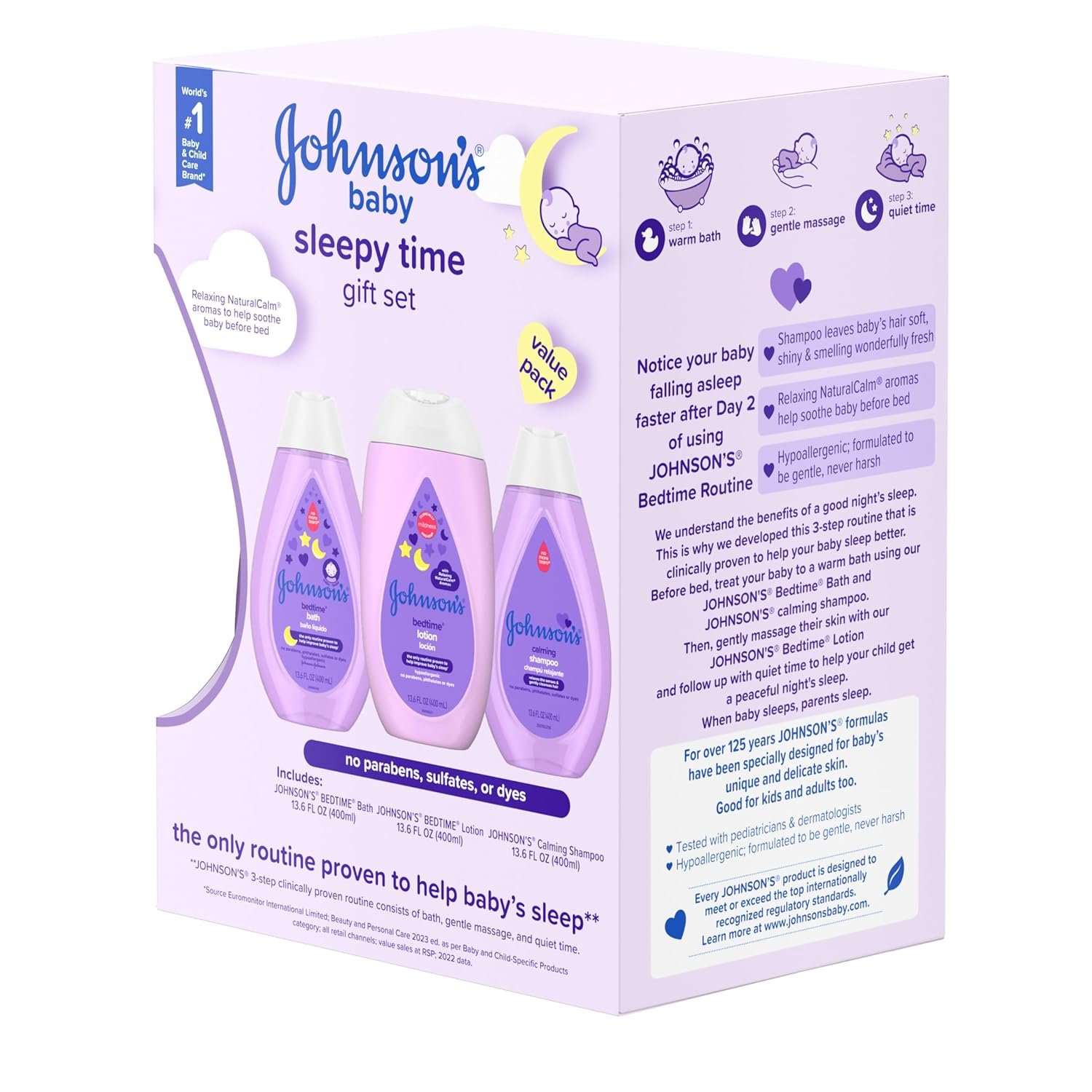 Johnson's Baby Sleepy Time Bedtime Gift Set with Relaxing NaturalCalm Aromas, Bedtime Baby Bath Shampoo, Wash & Lotion, Baby Bedtime Essentials, Hypoallergenic & Paraben-Free, 3 Items - Image 8