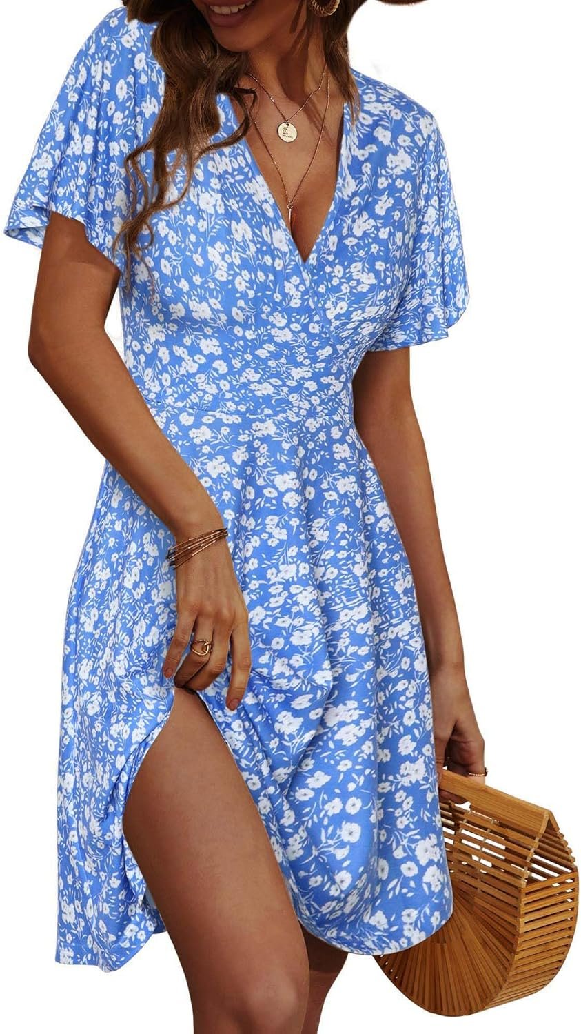 FENSACE Womens Sundress Summer Floral Short Sleeve Wrap V Neck A-Line Midi Dress - Image 2