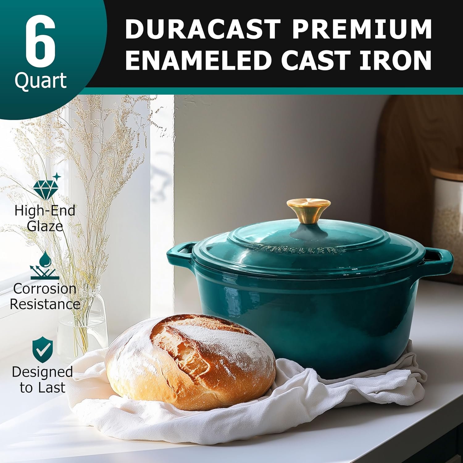 Mueller DuraCast 6 Quart Enameled Cast Iron Dutch Oven Pot with Lid, Heavy-Duty, Oven Safe up to 500° F & Across All Cooktops, Wedding Registry Ideas & Gifts, Emerald - Image 3
