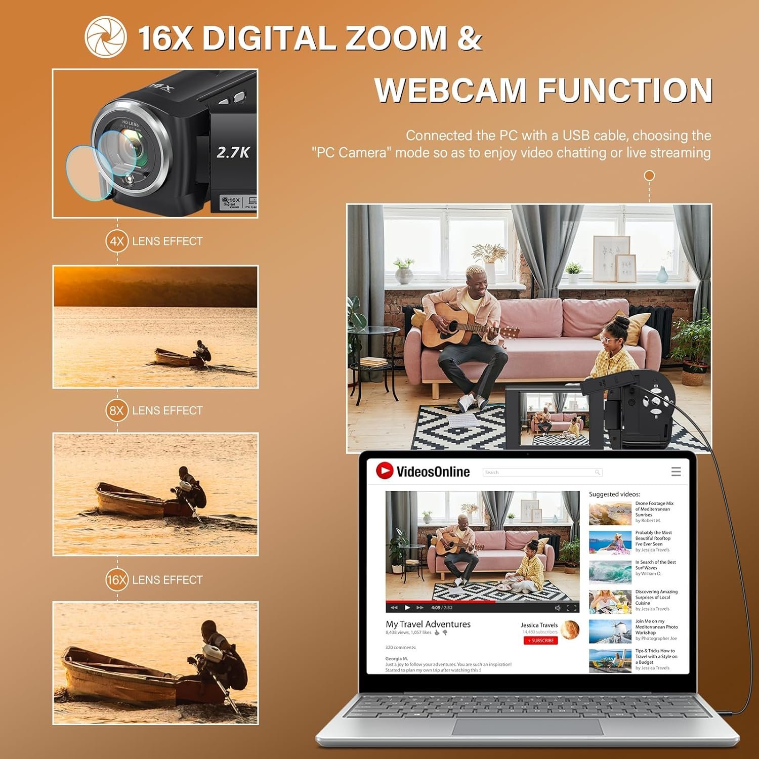 Video Camera Camcorder, QHD 2.7K Camcorder 50MP 16X Digital Video Camera for YouTube, 2.8'' 270 Degree Rotation Screen Video Recorder Vlogging Camera with 32GB Card and Two Batteries - Image 4