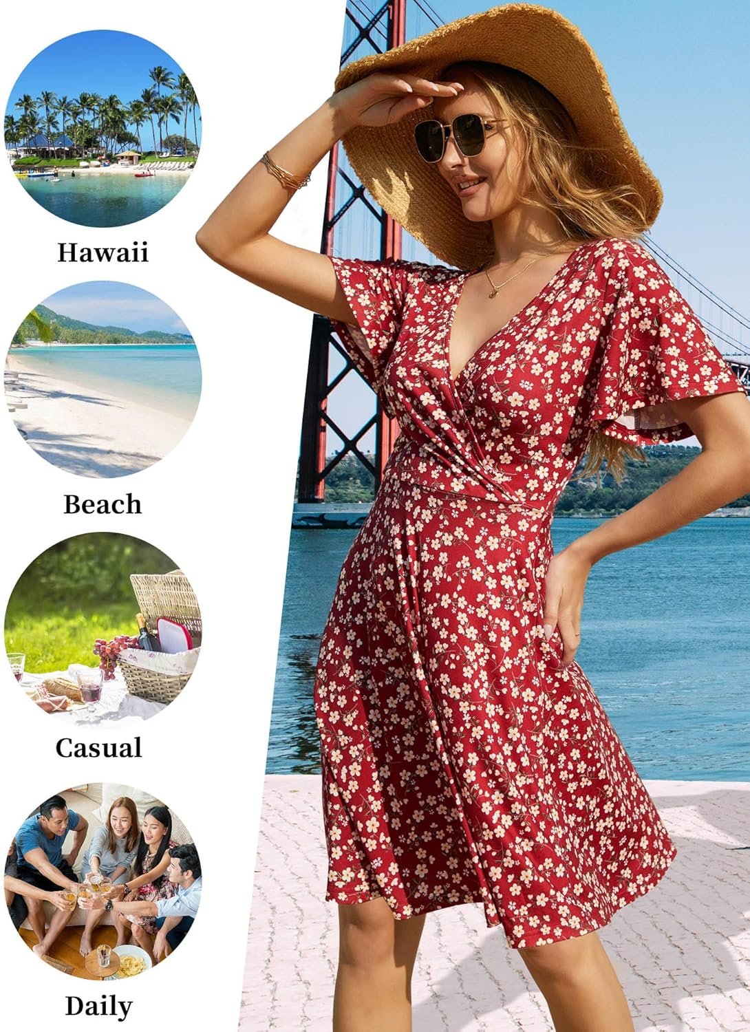 FENSACE Womens Sundress Summer Floral Short Sleeve Wrap V Neck A-Line Midi Dress - Image 6