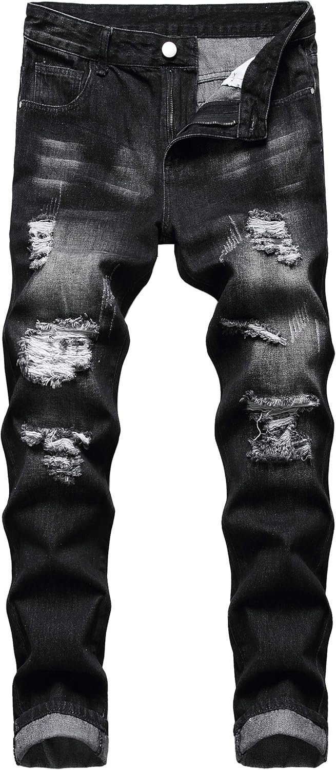 QIMYUM Mens Ripped Jeans, Distressed Destroyed Slim Fit Straight Leg Denim Pants - Image 2