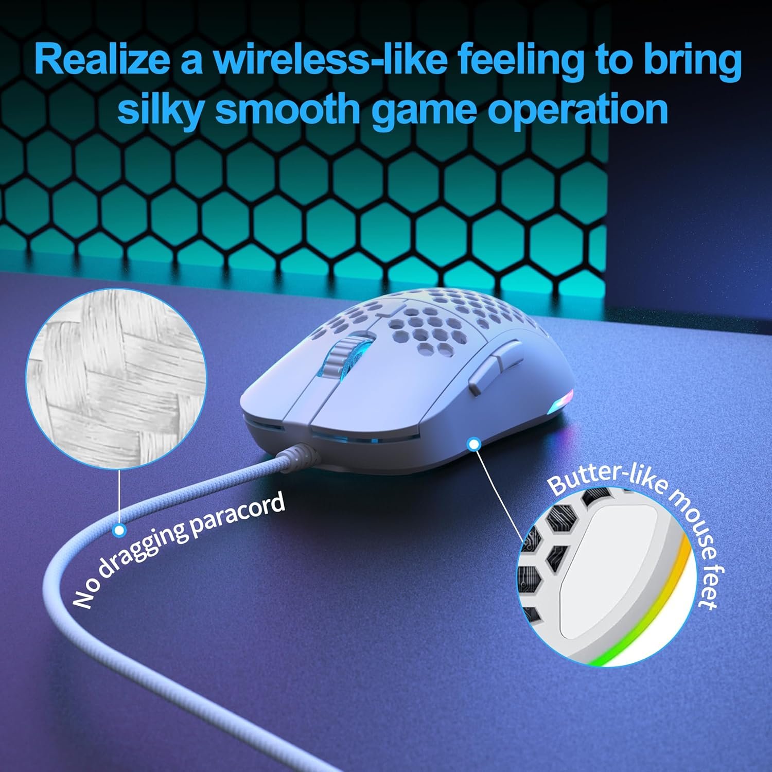 TMKB Falcon M1SE Ultralight Honeycomb Gaming Mouse, High-Precision 12800DPI Optical Sensor, 6 Programmable Buttons, Customizable RGB, Drag-Free Paracord, Ergonomic, Wired - Matte White - Image 6