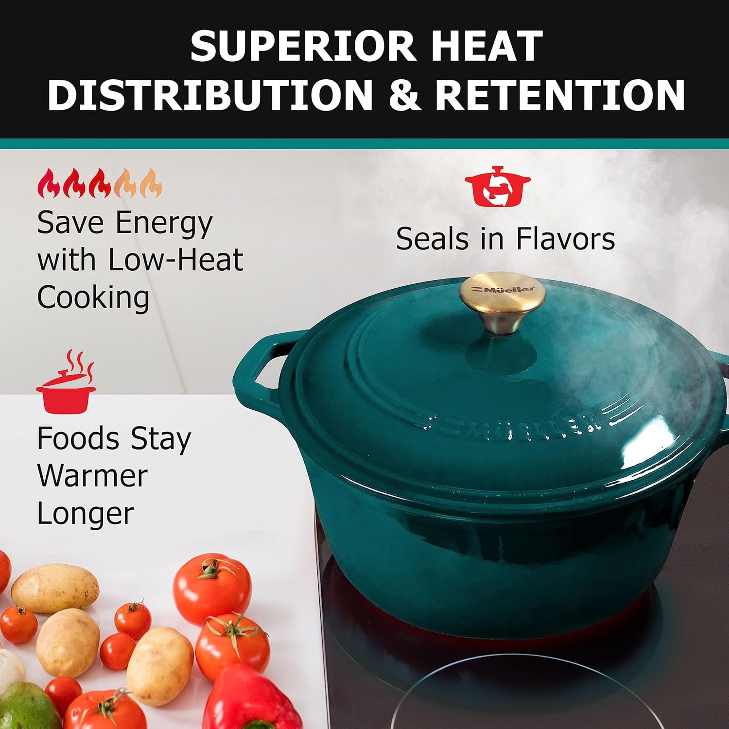 Mueller DuraCast 6 Quart Enameled Cast Iron Dutch Oven Pot with Lid, Heavy-Duty, Oven Safe up to 500° F & Across All Cooktops, Wedding Registry Ideas & Gifts, Emerald - Image 4