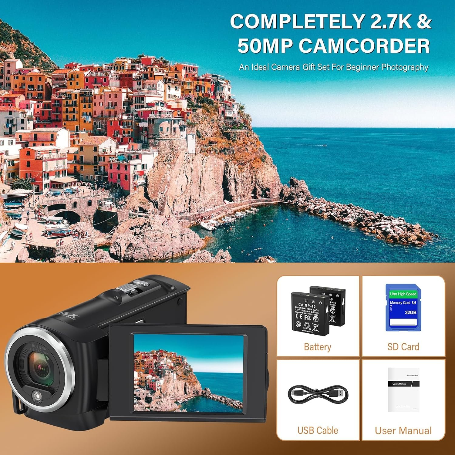 Video Camera Camcorder, QHD 2.7K Camcorder 50MP 16X Digital Video Camera for YouTube, 2.8'' 270 Degree Rotation Screen Video Recorder Vlogging Camera with 32GB Card and Two Batteries - Image 8