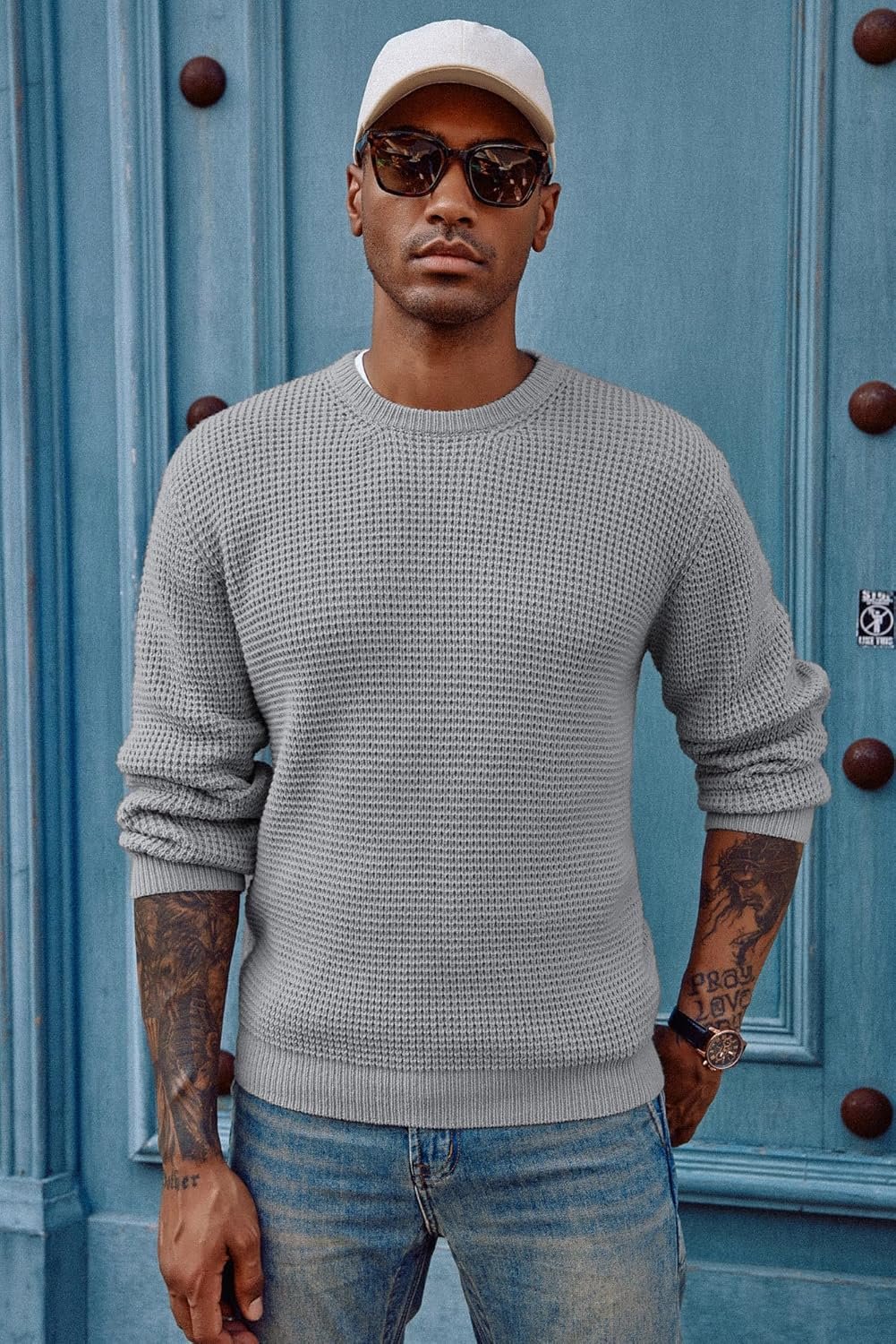 PJ PAUL JONES Mens Crewneck Pullover Sweater Waffle Textured Long Sleeve Knitted Sweaters - Image 6