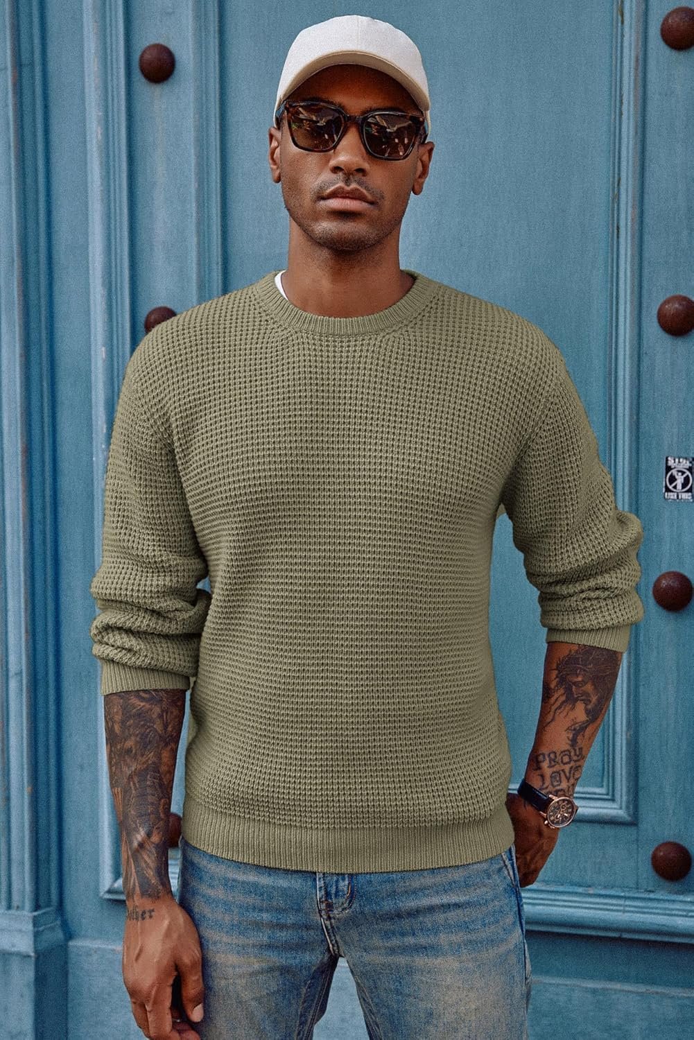 PJ PAUL JONES Mens Crewneck Pullover Sweater Waffle Textured Long Sleeve Knitted Sweaters - Image 4