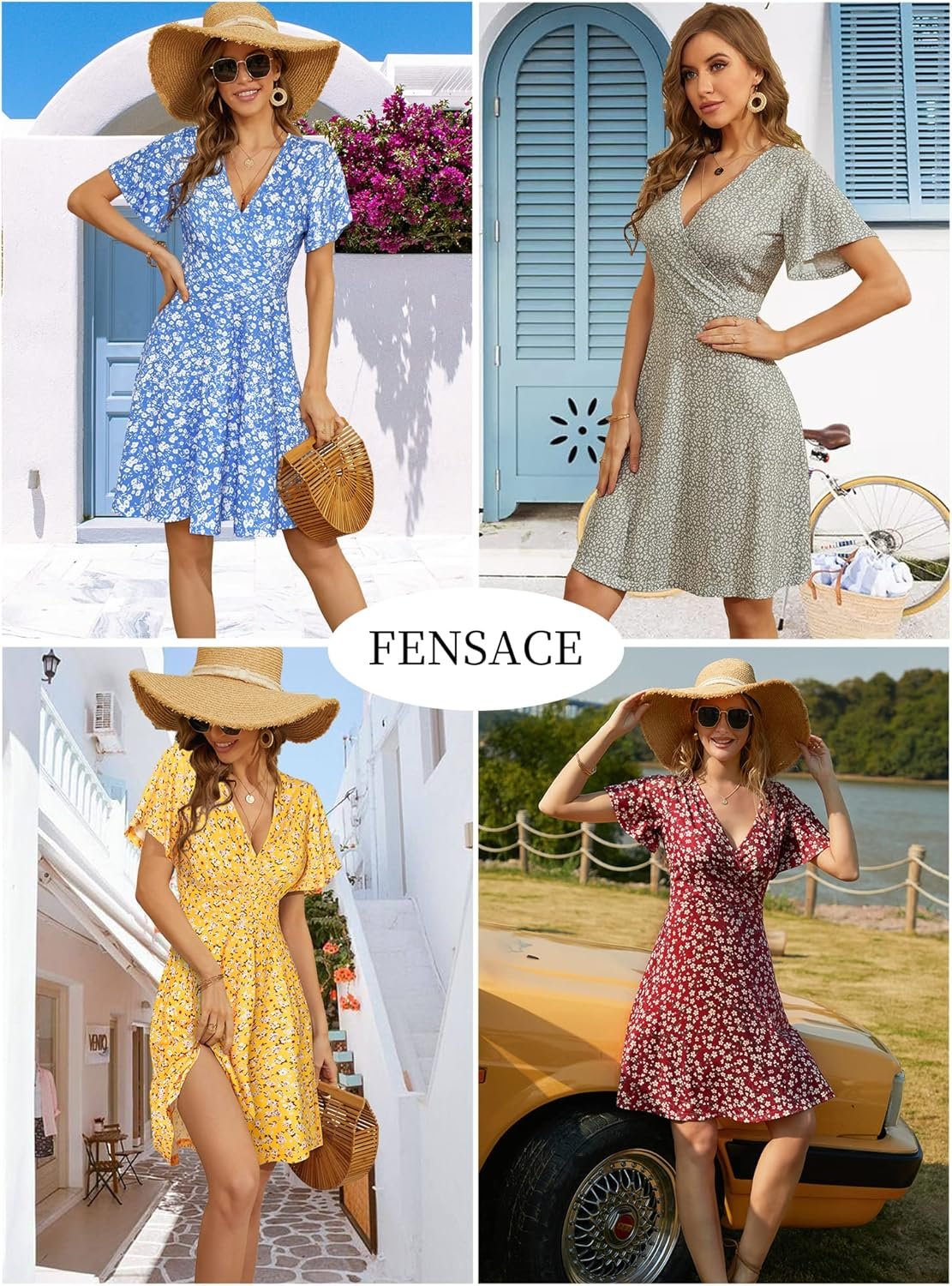 FENSACE Womens Sundress Summer Floral Short Sleeve Wrap V Neck A-Line Midi Dress - Image 5