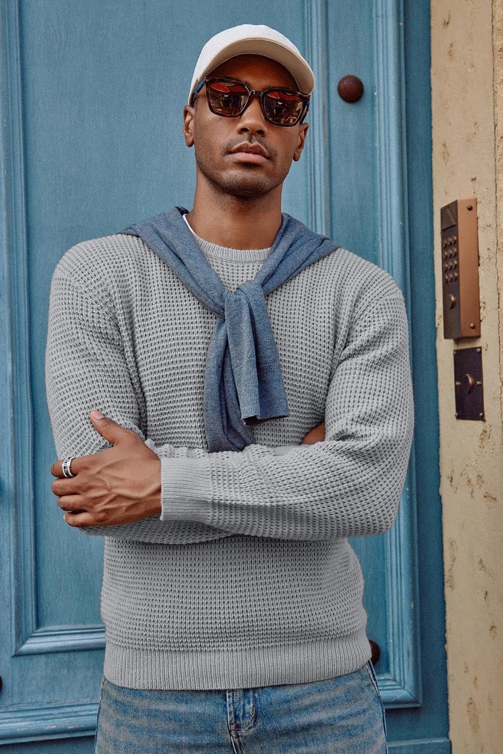 PJ PAUL JONES Mens Crewneck Pullover Sweater Waffle Textured Long Sleeve Knitted Sweaters - Image 5