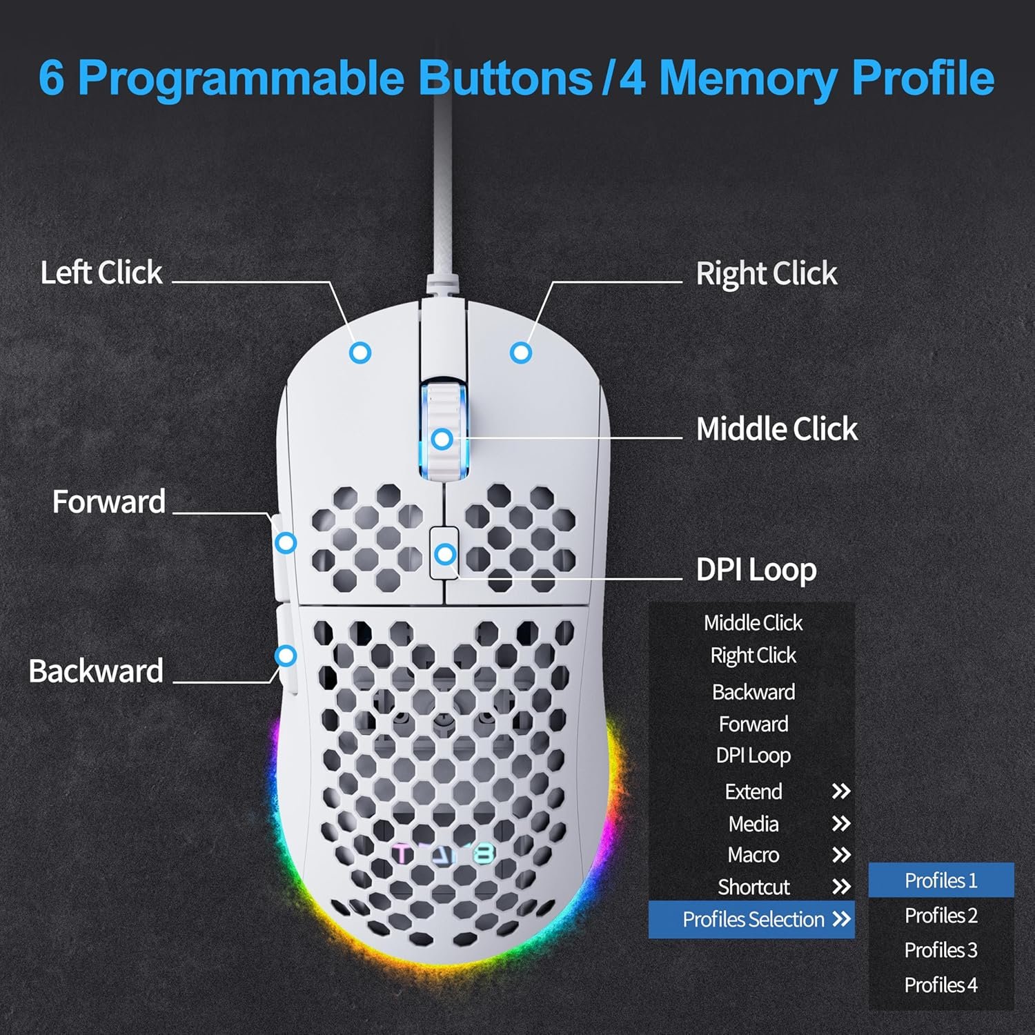 TMKB Falcon M1SE Ultralight Honeycomb Gaming Mouse, High-Precision 12800DPI Optical Sensor, 6 Programmable Buttons, Customizable RGB, Drag-Free Paracord, Ergonomic, Wired - Matte White - Image 4