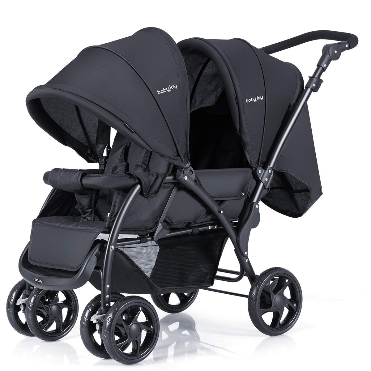 BABY JOY Double Stroller - Foldable Lightweight Twin Stroller with Tandem Seating, Adjustable Backrest/Canopy/Footrest, 5-Point Harness, Storage Basket, Newborn and Toddler (Black) - Image 9