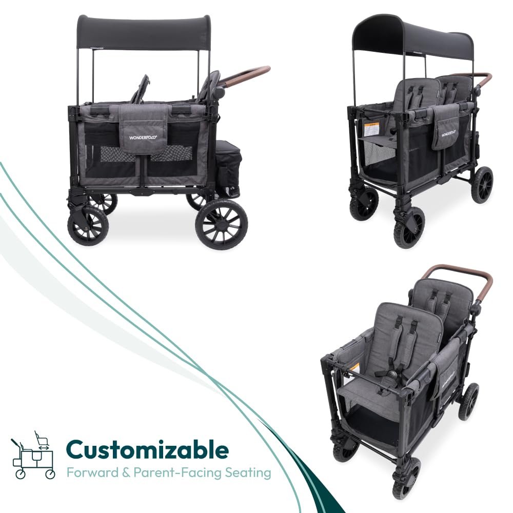 WONDERFOLD W2 Luxe Pro Stroller Wagon (2 Seater) - Collapsible Wagon Stroller with Seats Featuring 5-Point Safety Harnesses and Adjustable Sun Canopy, Charcoal Gray - Image 6