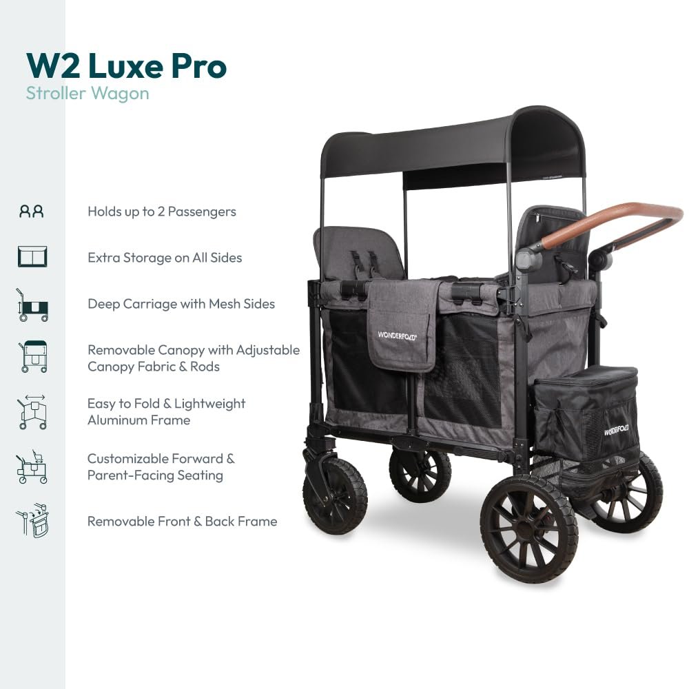 WONDERFOLD W2 Luxe Pro Stroller Wagon (2 Seater) - Collapsible Wagon Stroller with Seats Featuring 5-Point Safety Harnesses and Adjustable Sun Canopy, Charcoal Gray - Image 4