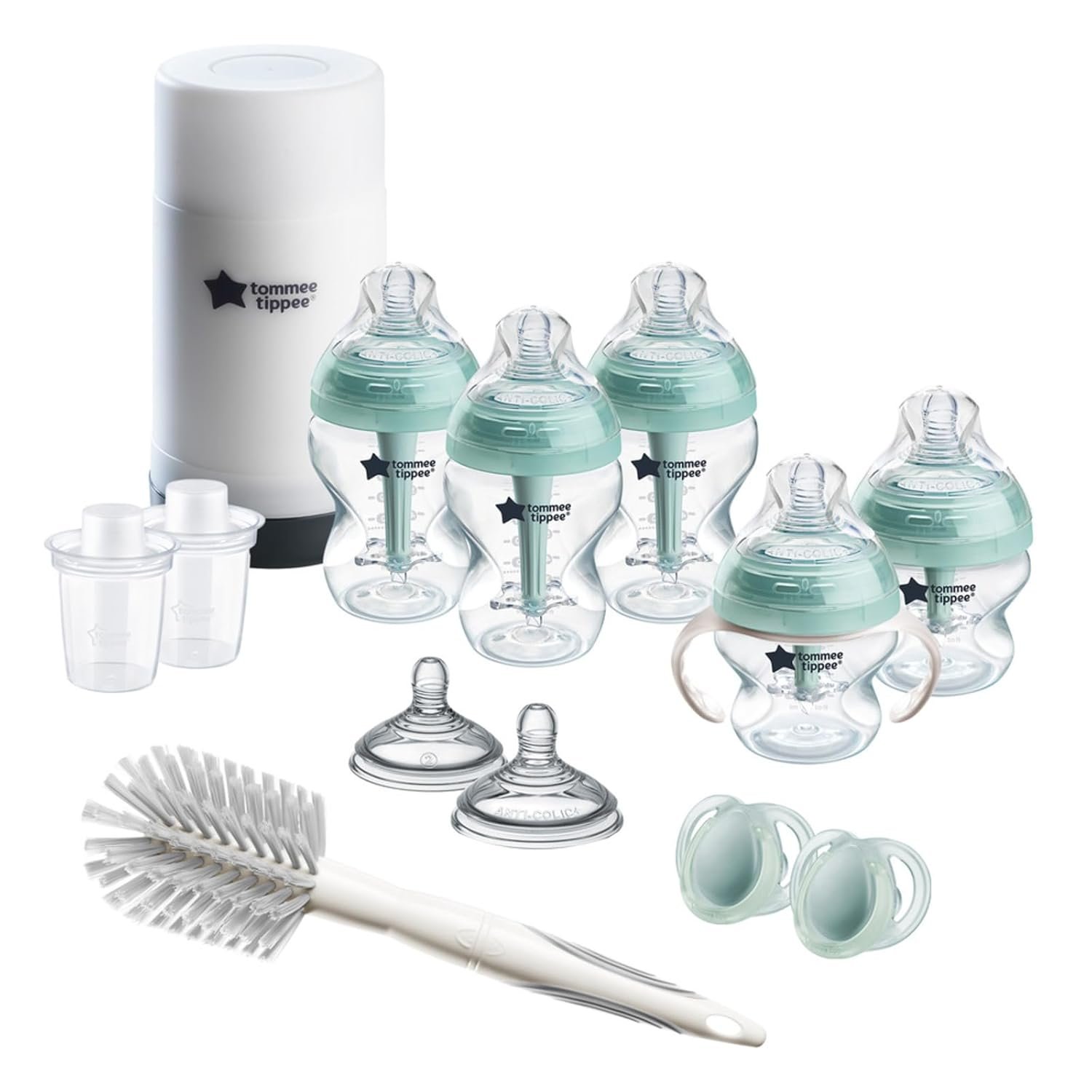 Tommee Tippee Advanced Anti-Colic Ready for Baby BPA Free 14 Piece Set, 5oz & 9oz Bottles, Slow & Medium Flow Nipples, 0-6 Month Pacifiers, Includes Travel Bottle Warmer & Removable Bottle Handles - Image 2