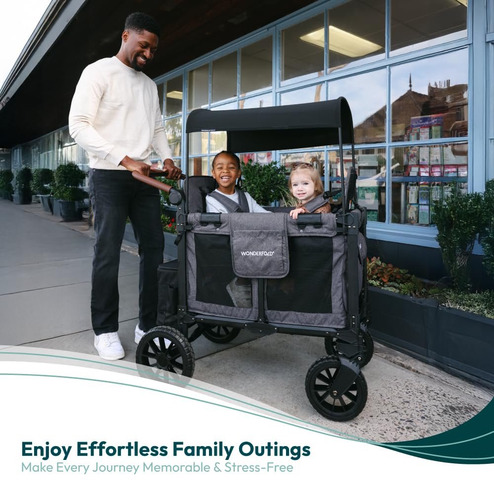 WONDERFOLD W2 Luxe Pro Stroller Wagon (2 Seater) - Collapsible Wagon Stroller with Seats Featuring 5-Point Safety Harnesses and Adjustable Sun Canopy, Charcoal Gray - Image 3