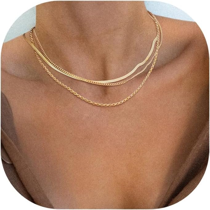 Herringbone Necklace for Women,Dainty Gold Necklace,14k Gold Plated Snake,Gold Chain Choker Necklaces,Simple Gold Layered Necklaces,Gold Jewelry Gift for Women - Image 2