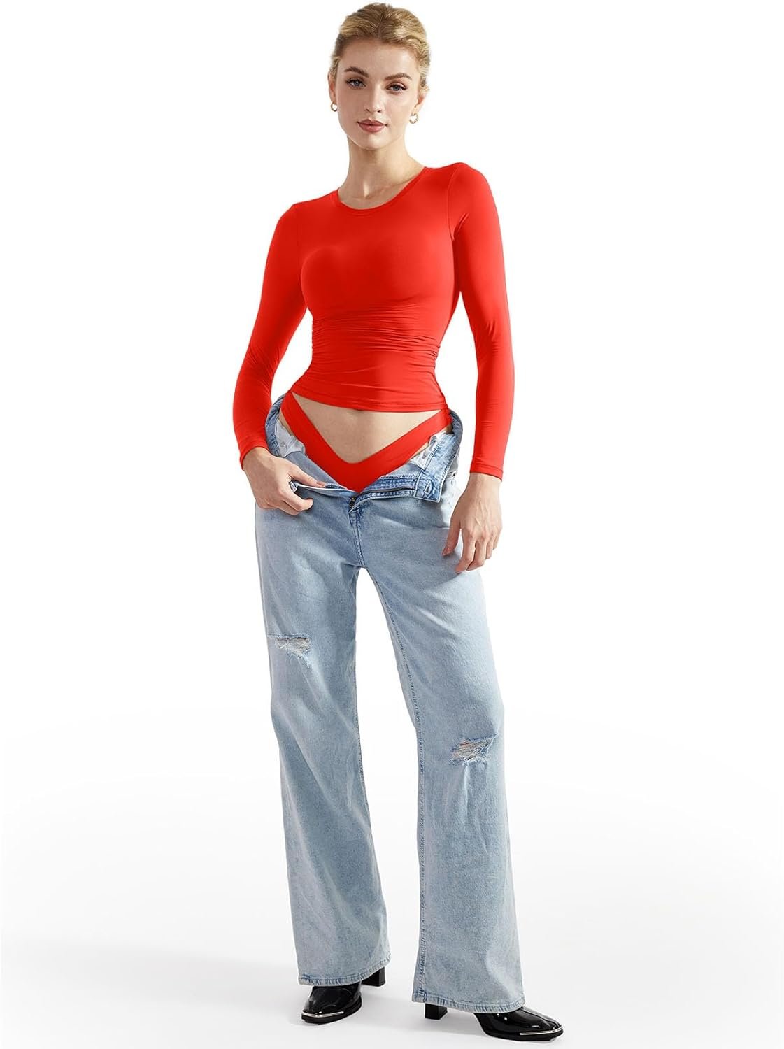 SUUKSESS Women Double Lined Fitted Basic T Shirts Crew Neck Long Sleeve Crop Top - Image 5