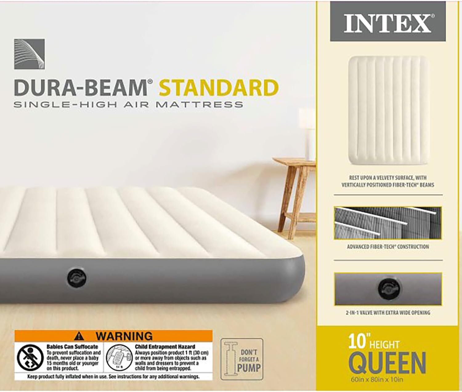 Intex 64103E Dura-Beam Standard Single-High Air Mattress: Fiber-Tech - Queen Size - 10in Bed Height - 600lb Weight Capacity - Pump Sold Separately - Image 8