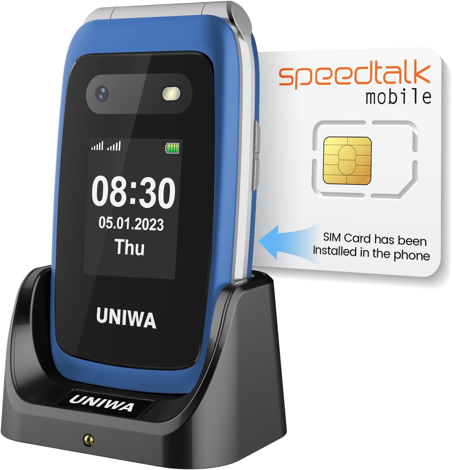 Mosthink 4G Unlocked Flip Cell Phone for Senior with Speed Talk SIM Card, SOS Big Button Basic Cell Phone for Elderly, 2.4'' HD Display, Big Volume, 1450mAh Battery with Charging Dock (Blue) - Image 2