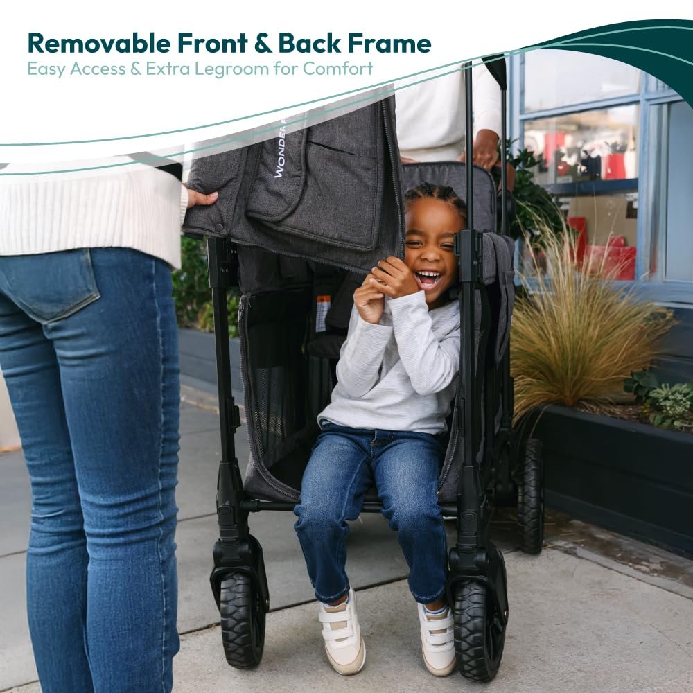 WONDERFOLD W2 Luxe Pro Stroller Wagon (2 Seater) - Collapsible Wagon Stroller with Seats Featuring 5-Point Safety Harnesses and Adjustable Sun Canopy, Charcoal Gray - Image 5