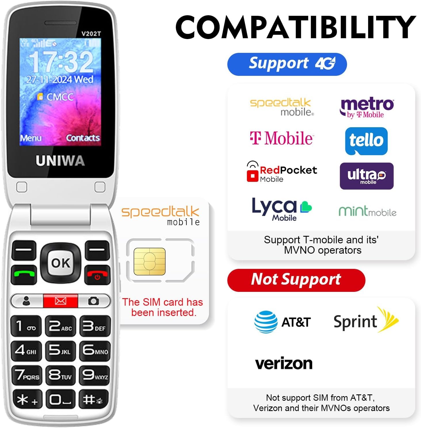 Mosthink 4G Unlocked Flip Cell Phone for Senior with Speed Talk SIM Card, SOS Big Button Basic Cell Phone for Elderly, 2.4'' HD Display, Big Volume, 1450mAh Battery with Charging Dock (Blue) - Image 3