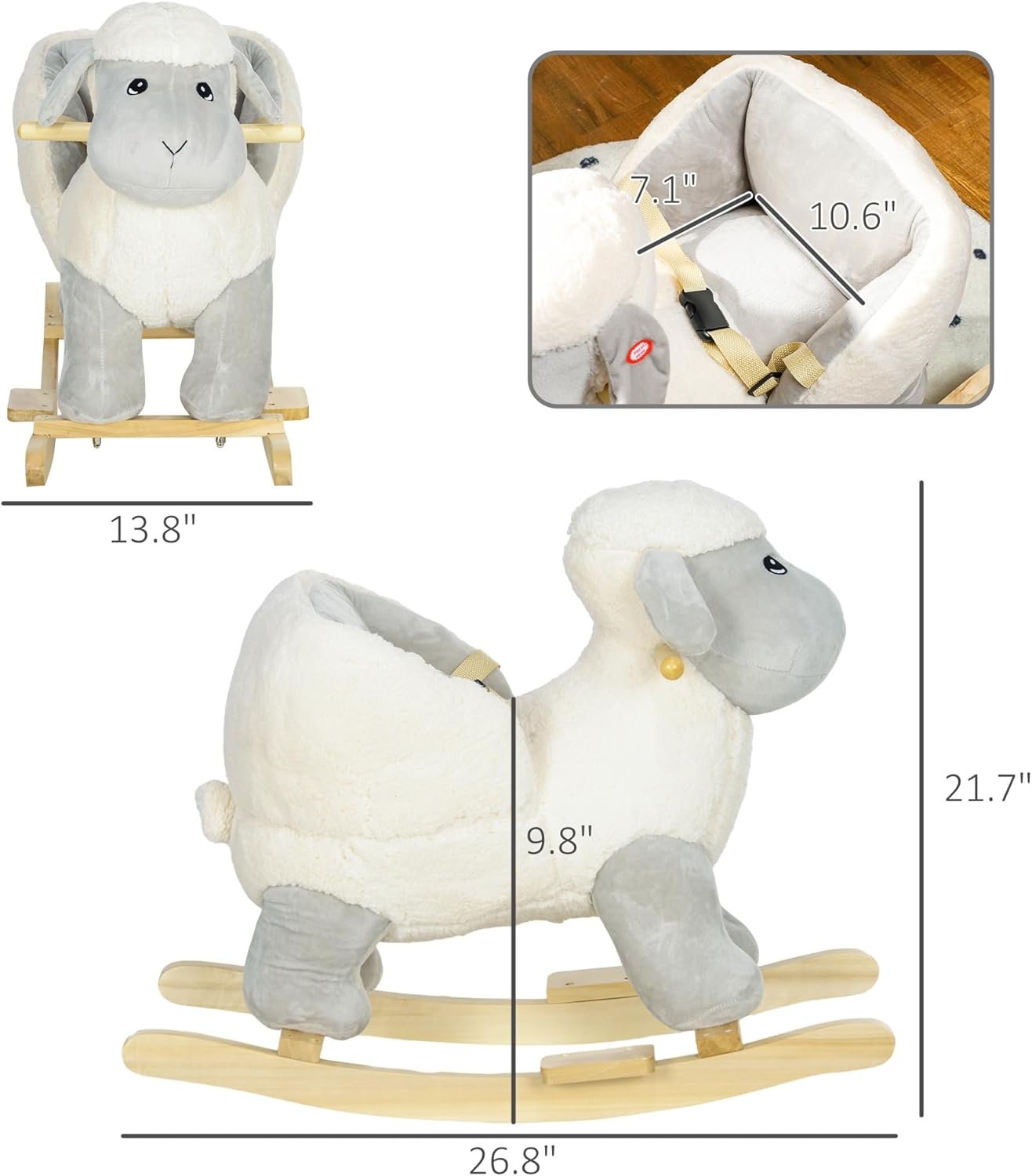 Qaba Baby Rocking Horse Sheep, Plush Lamb Rocker, Rocking Animal with Seat Belt, Sounds & Pedals for Kids 18-36 Months, Gray - Image 6