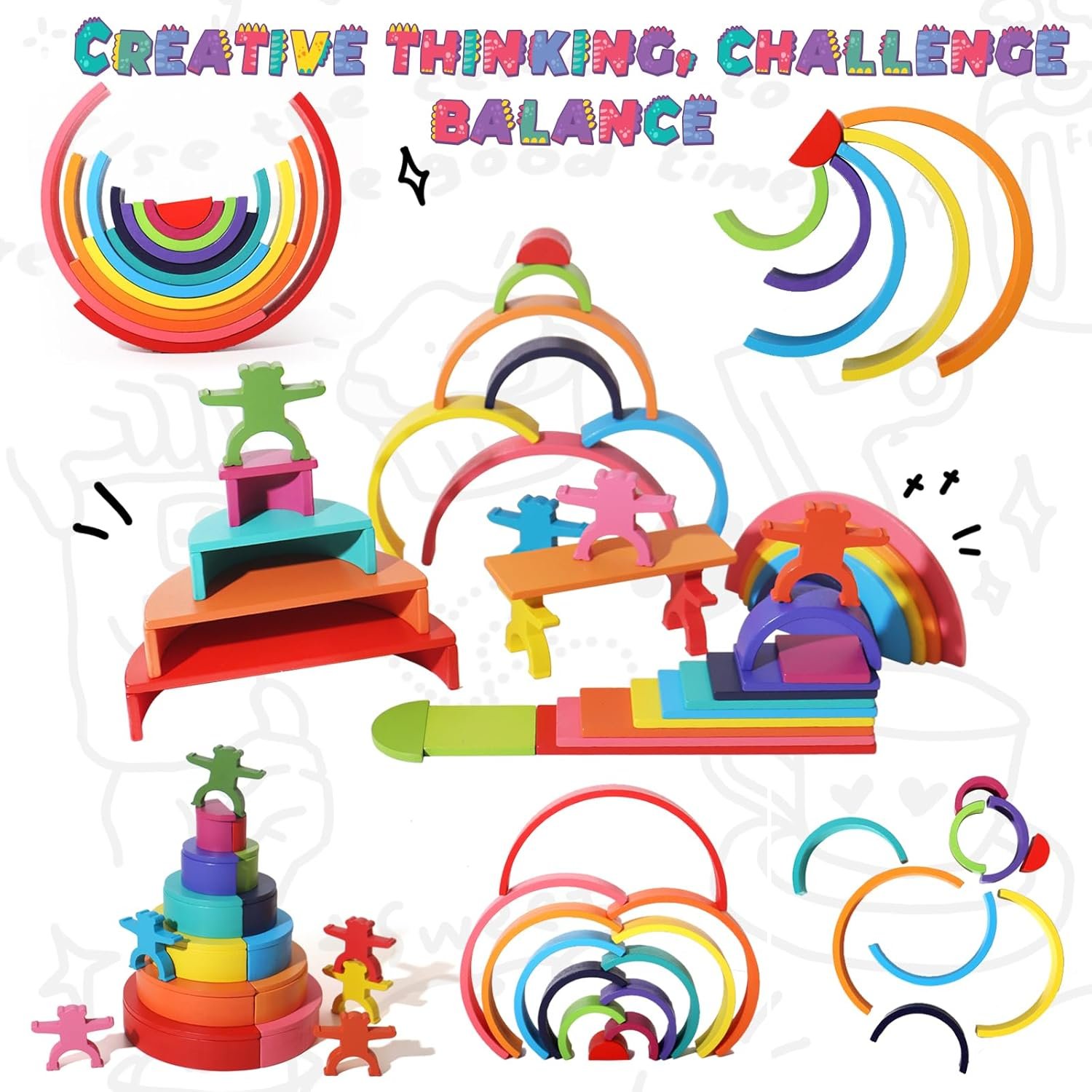 40-Piece Wooden Rainbow Stack Set, 4-in-1 Building Blocks preschoolers Early Development & Activity Toys Montessori Toys for Kids 3, 4, 5, 6 Years and Older Gifts for Boys and Girls - Image 4